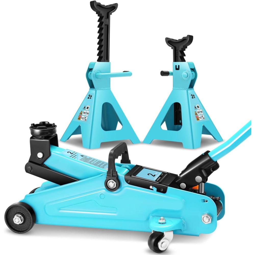imageDNA MOTORING Low Profile Hydraulic Trolley ServiceFloor Jack Combo with 2 Ratchet Jack Stands 2 Ton 4000 lbs Capacity RedBlack TOOLS00280Tiffany Blue