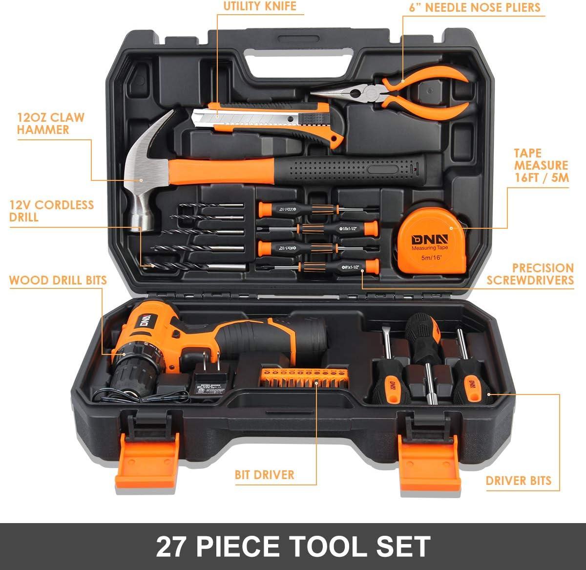 imageDNA MOTORING 27pcs 12V 1300mAh Cordless Drill Set Drill Driver Home Tool Kits Combination Tool Set Tool Kit with Drill For Home DIY Maintenance Orange TOOLS00016Orange
