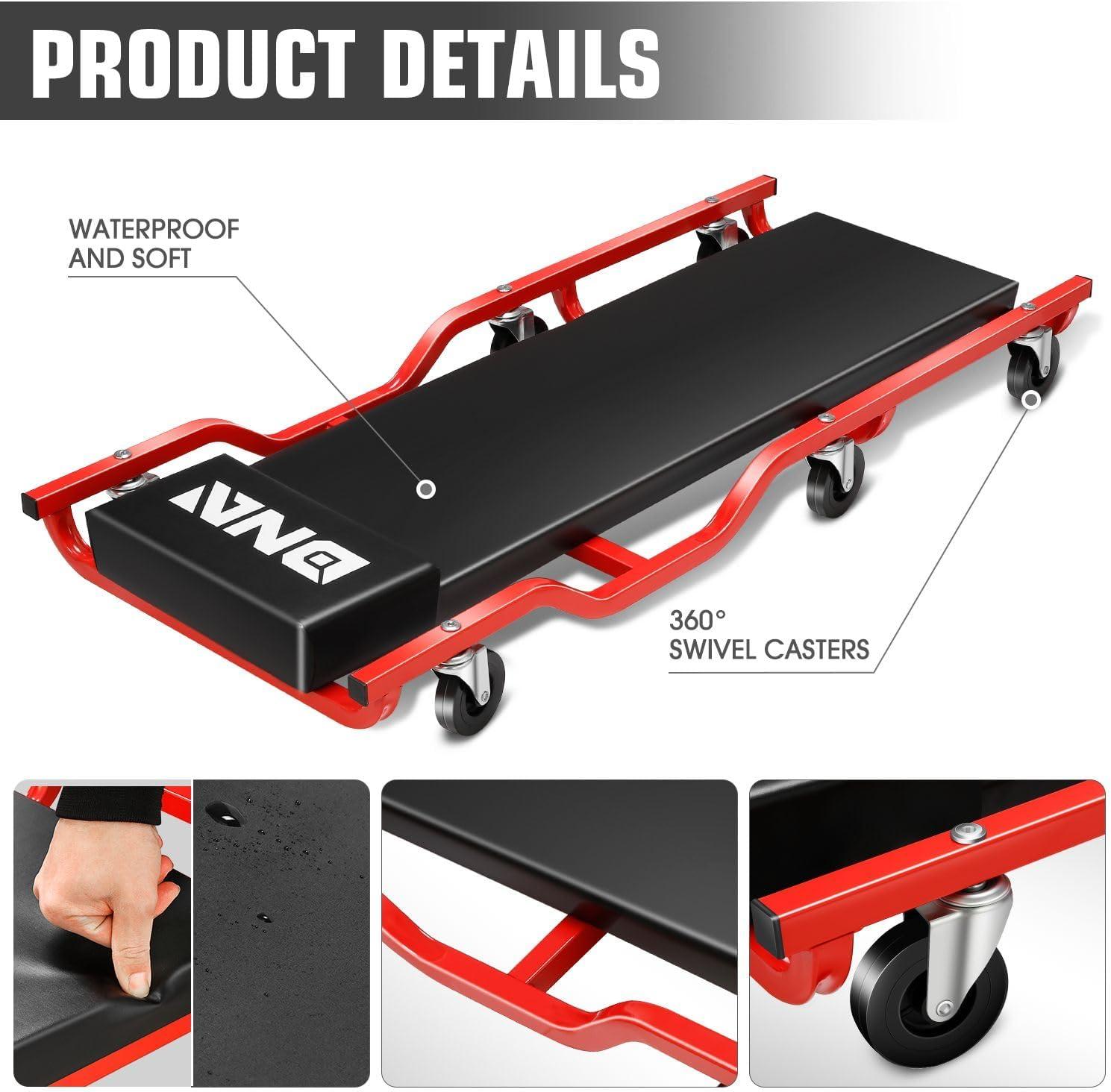 imageDNA MOTORING 40 Inch Mechanic Creeper Blow Molded Low Profile Rolling Garage Creeper wPadded Headrest Dual Tool Trays 350lbs Capacity Red TOOLS00005BlackRed