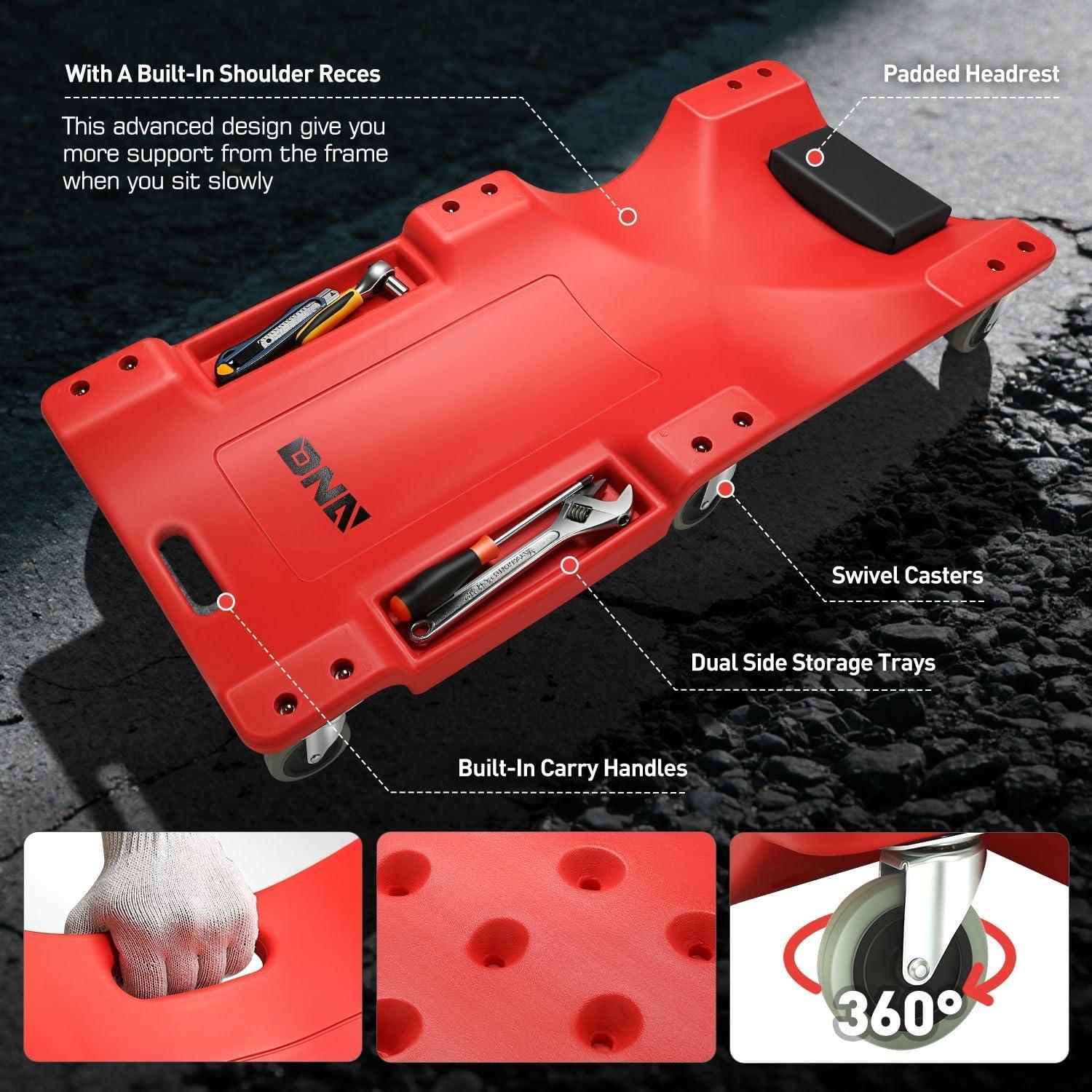 imageDNA MOTORING 40 Inch Mechanic Creeper Blow Molded Low Profile Rolling Garage Creeper wPadded Headrest Dual Tool Trays 350lbs Capacity Red TOOLS00005Green Wheel 40 Inches