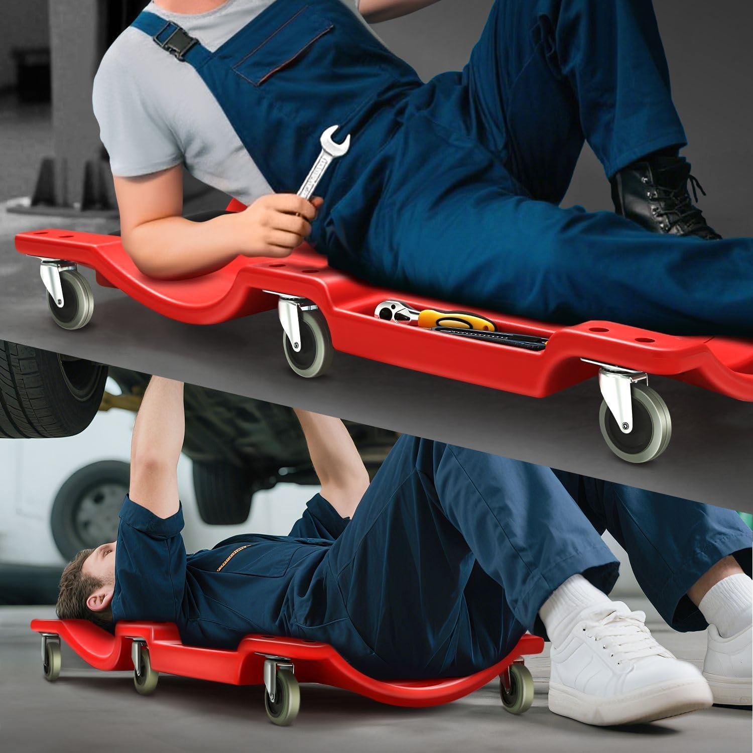 imageDNA MOTORING 40 Inch Mechanic Creeper Blow Molded Low Profile Rolling Garage Creeper wPadded Headrest Dual Tool Trays 350lbs Capacity Red TOOLS00005Green Wheel 40 Inches