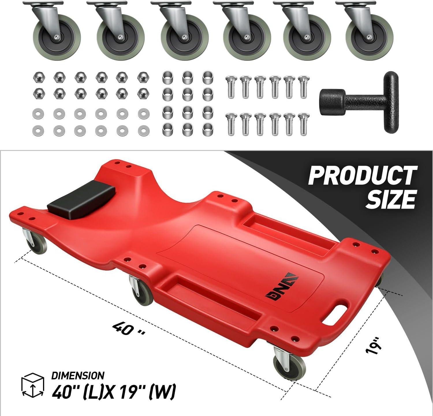 imageDNA MOTORING 40 Inch Mechanic Creeper Blow Molded Low Profile Rolling Garage Creeper wPadded Headrest Dual Tool Trays 350lbs Capacity Red TOOLS00005Green Wheel 40 Inches