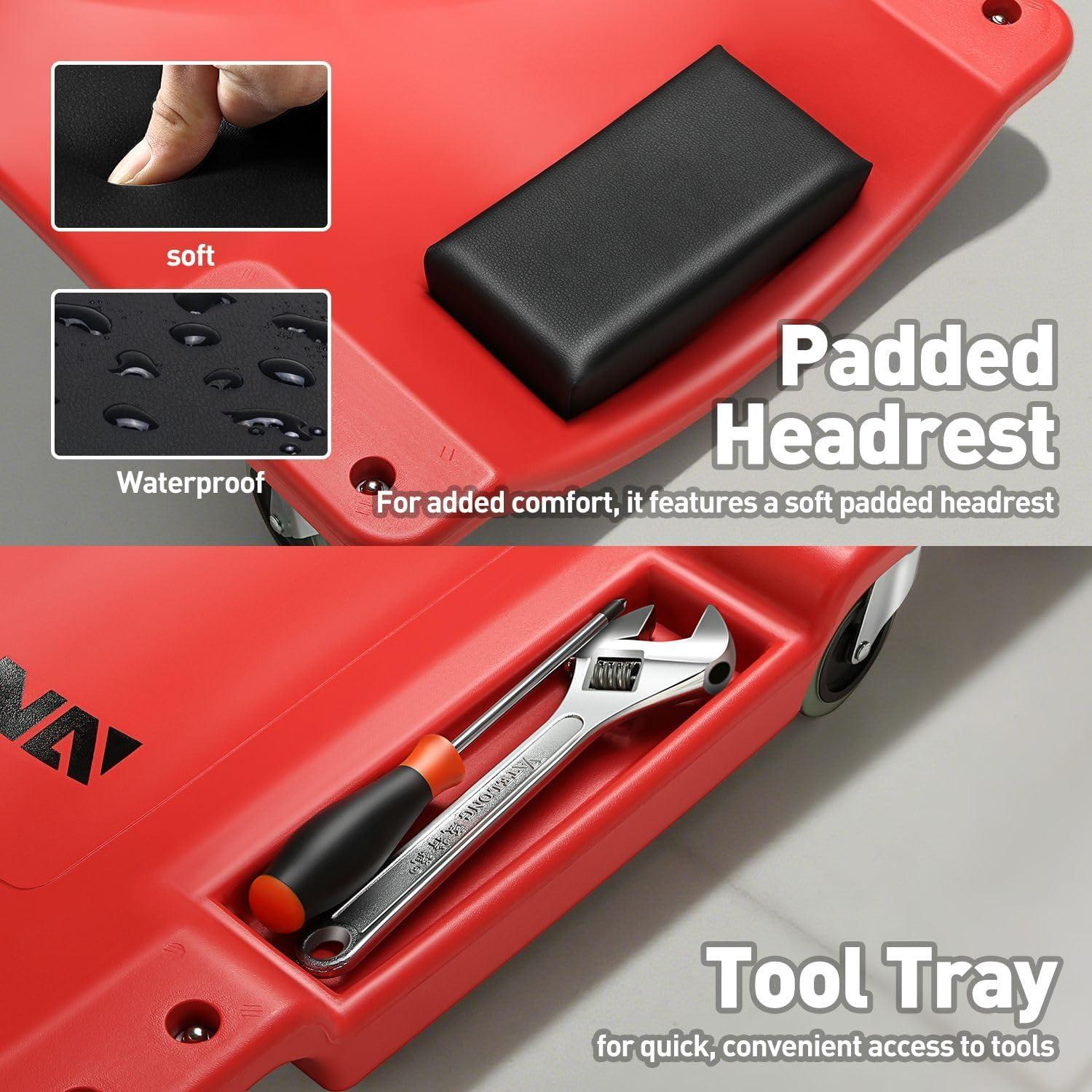 imageDNA MOTORING 40 Inch Mechanic Creeper Blow Molded Low Profile Rolling Garage Creeper wPadded Headrest Dual Tool Trays 350lbs Capacity Red TOOLS00005Green Wheel 40 Inches