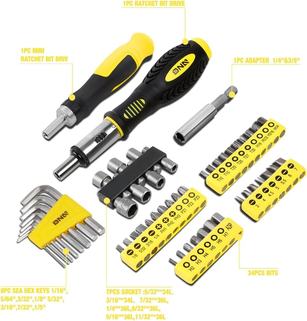 imageDNA MOTORING 64pcs Mechanics Auto ampamp Home Repair Tool Box Screwdriver Bit Tool Set SAE and Metric Socket Wrench Set YellowBlack TOOLS00027Screwdriver Set Tool Kit