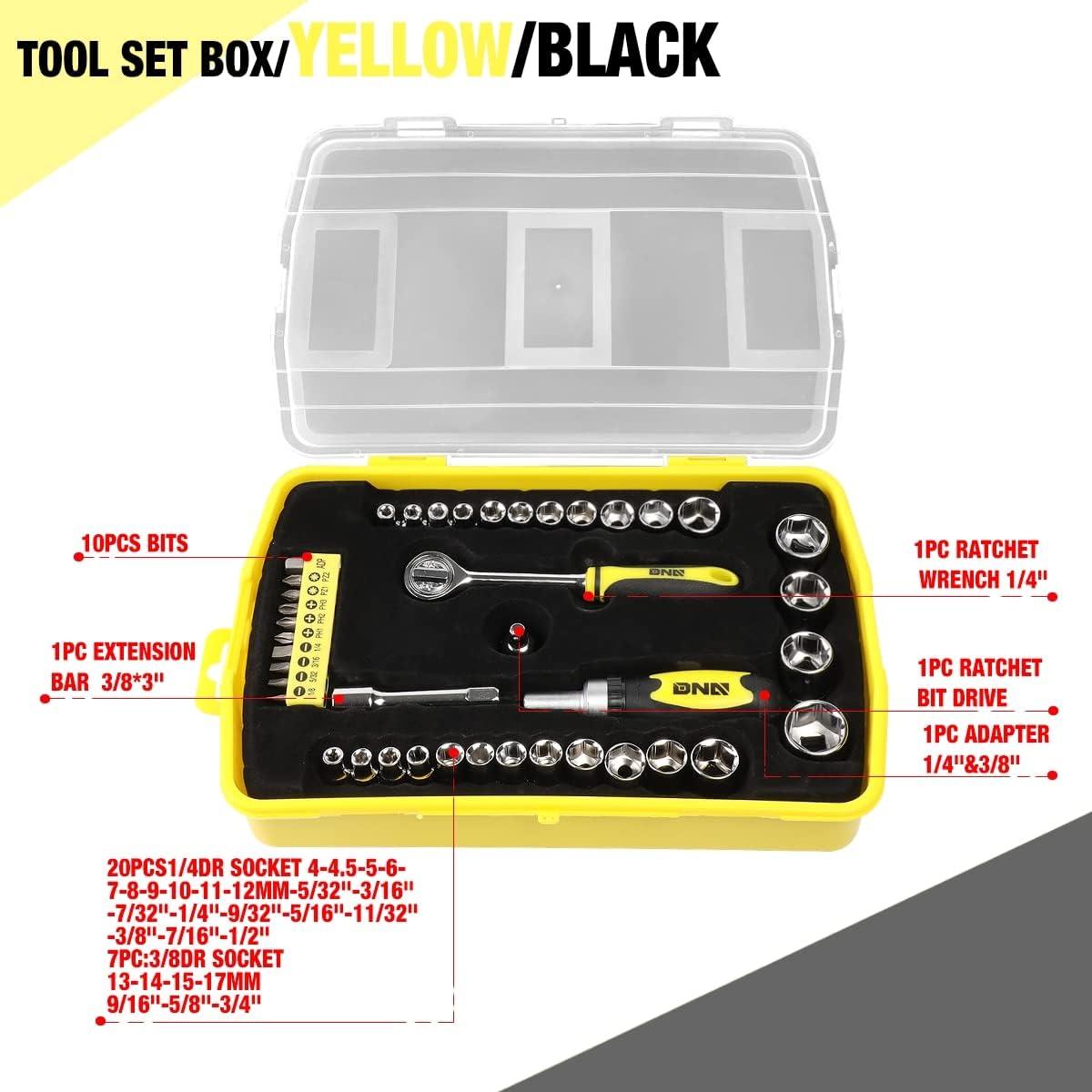 imageDNA MOTORING 64pcs Mechanics Auto ampamp Home Repair Tool Box Screwdriver Bit Tool Set SAE and Metric Socket Wrench Set YellowBlack TOOLS00027Socket Wrench Tool Set