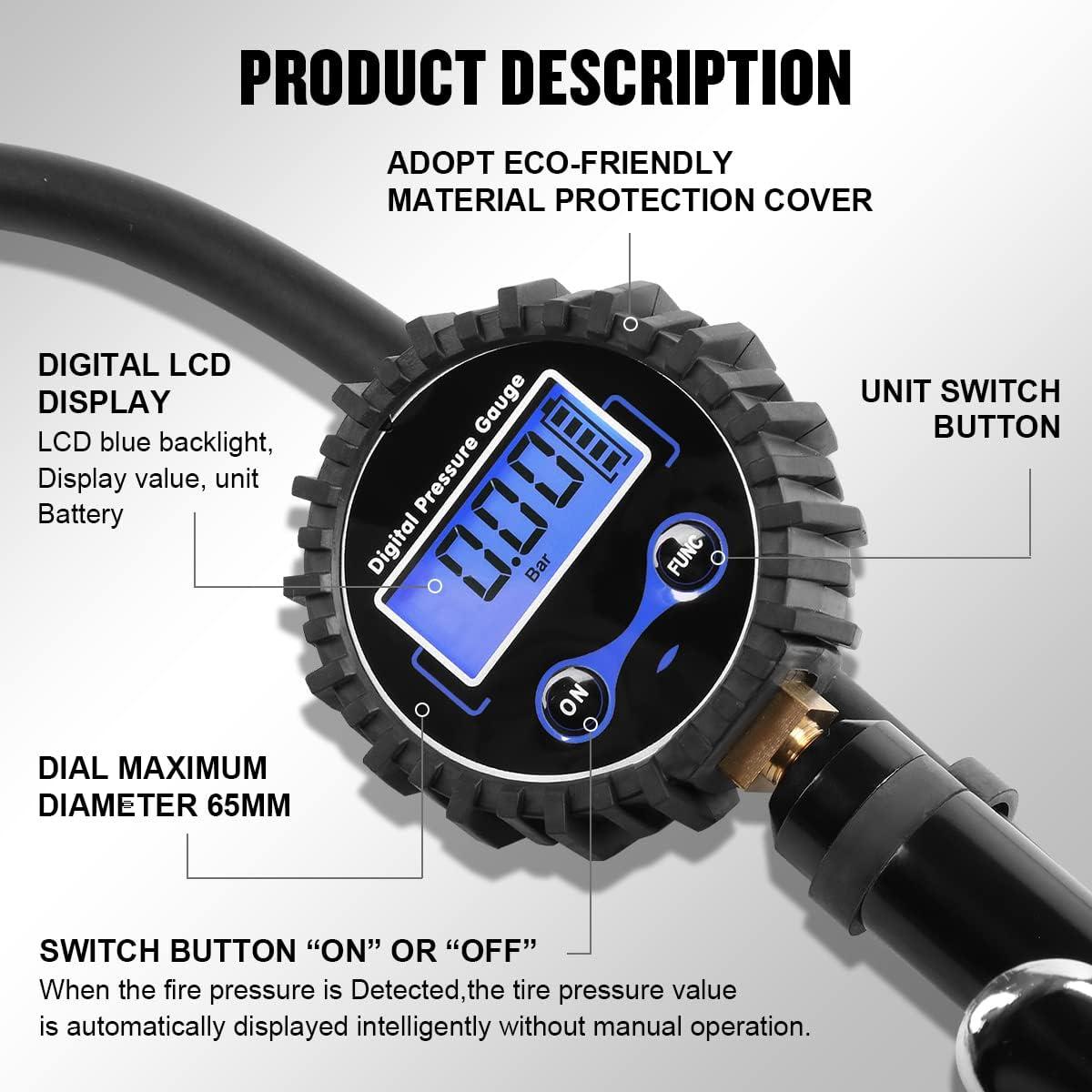 imageDNA MOTORING Digital Tire Inflator 25quot Pressure Gauge 200 PSI Air Chuck Compressor Accessories Heavy Duty w 18in Rubber Tube ampamp Quick Connect Coupler TOOLS00084