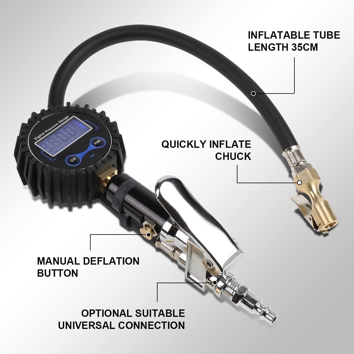 imageDNA MOTORING Digital Tire Inflator 25quot Pressure Gauge 200 PSI Air Chuck Compressor Accessories Heavy Duty w 18in Rubber Tube ampamp Quick Connect Coupler TOOLS00084