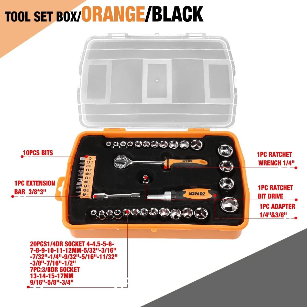 imageDNA MOTORING Home Repair Tool Set Magnetic Screwdriver Socket Set Ratchet Screwdriver Tools Set for Mechanics and DIY wStorage Box Orange TOOLS00037Socket Wrench Tool Set