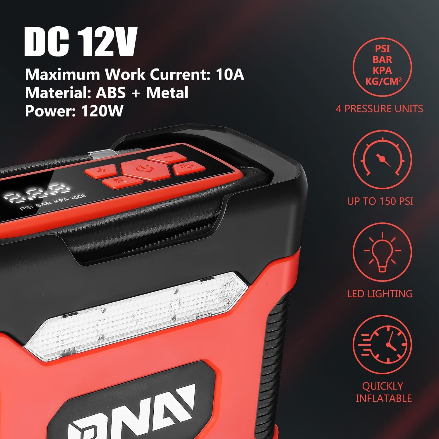 imageDNA MOTORING TOOLS00210 Red 12V DC Digital Tire Inflator Portable Air Compressor with Pressure Gauge for Cars Bicycles MotorcyclesBallsRed
