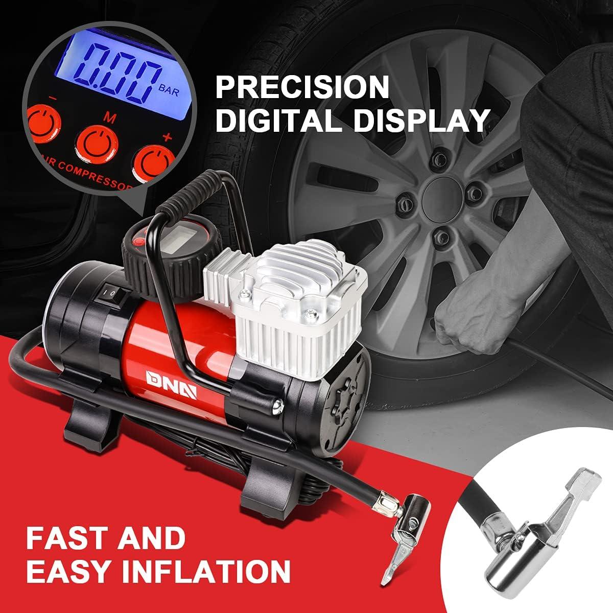 imageDNA MOTORING TOOLS00210 Red 12V DC Digital Tire Inflator Portable Air Compressor with Pressure Gauge for Cars Bicycles MotorcyclesBallsRedBlack