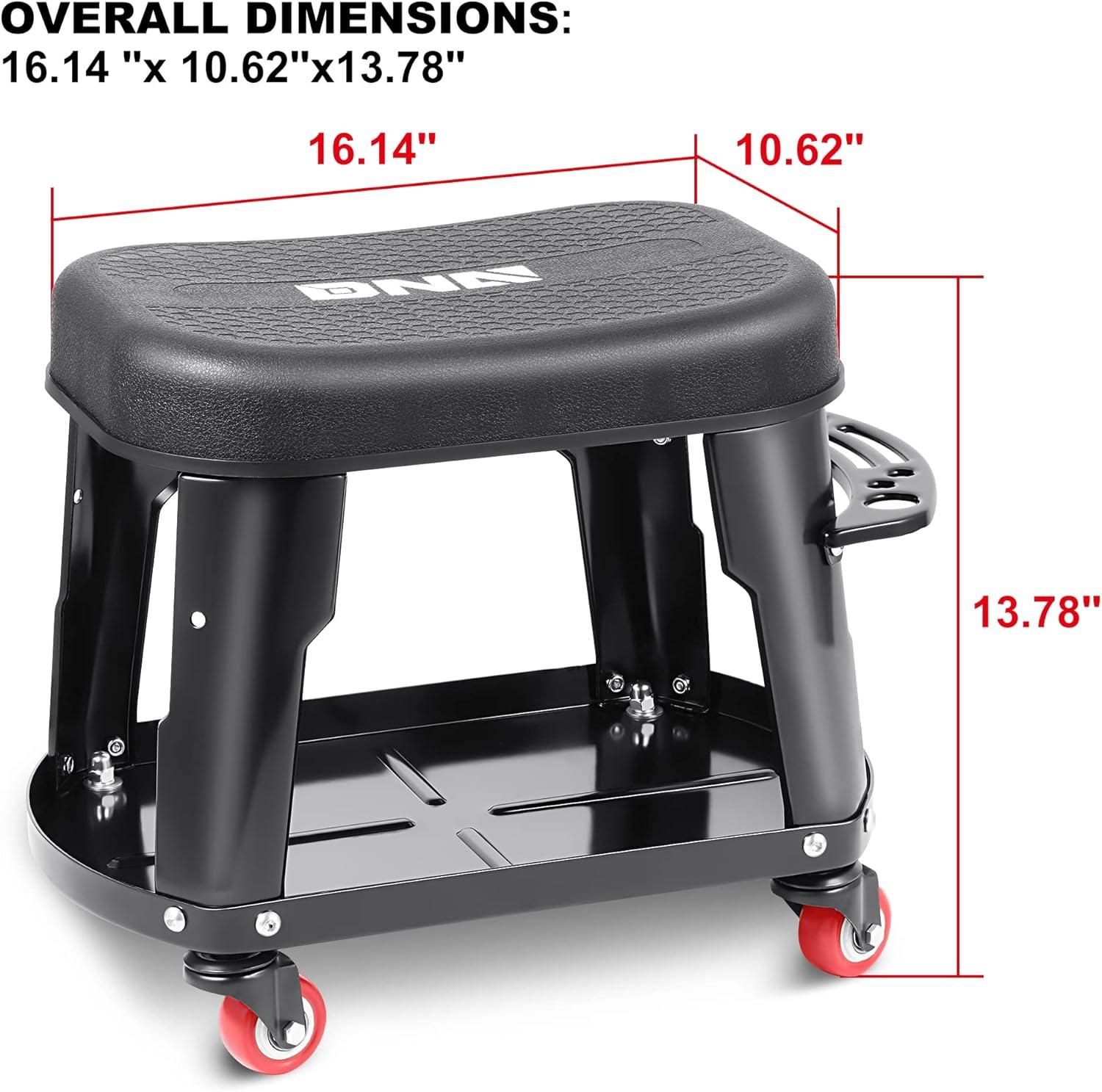 imageDNA MOTORING TOOLS00252 Removable Rolling Garage Stool with Seat Cushion ampamp Tool Tray Plate300lbs Max Weight CapacityBlack