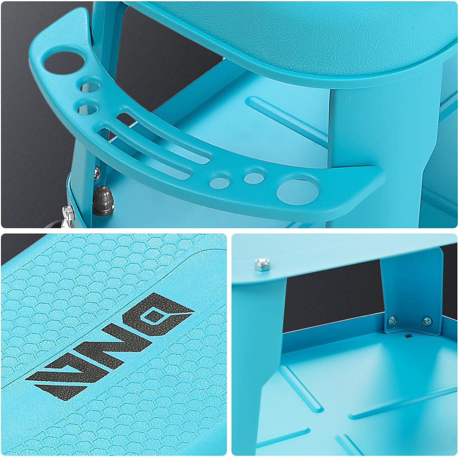 imageDNA MOTORING TOOLS00252 Removable Rolling Garage Stool with Seat Cushion ampamp Tool Tray Plate300lbs Max Weight CapacityBlue