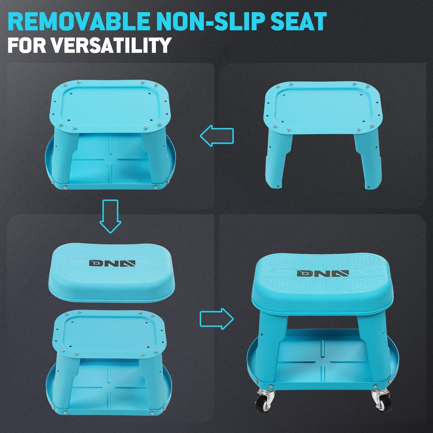 imageDNA MOTORING TOOLS00252 Removable Rolling Garage Stool with Seat Cushion ampamp Tool Tray Plate300lbs Max Weight CapacityBlue