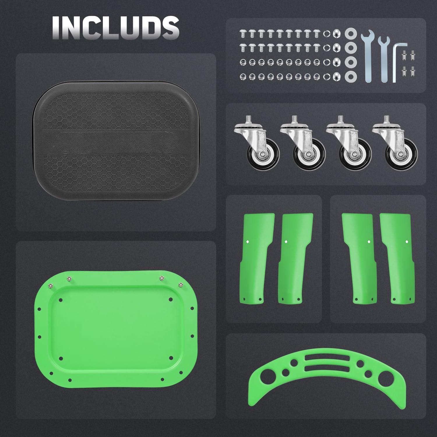 imageDNA MOTORING TOOLS00252 Removable Rolling Garage Stool with Seat Cushion ampamp Tool Tray Plate300lbs Max Weight CapacityGreen