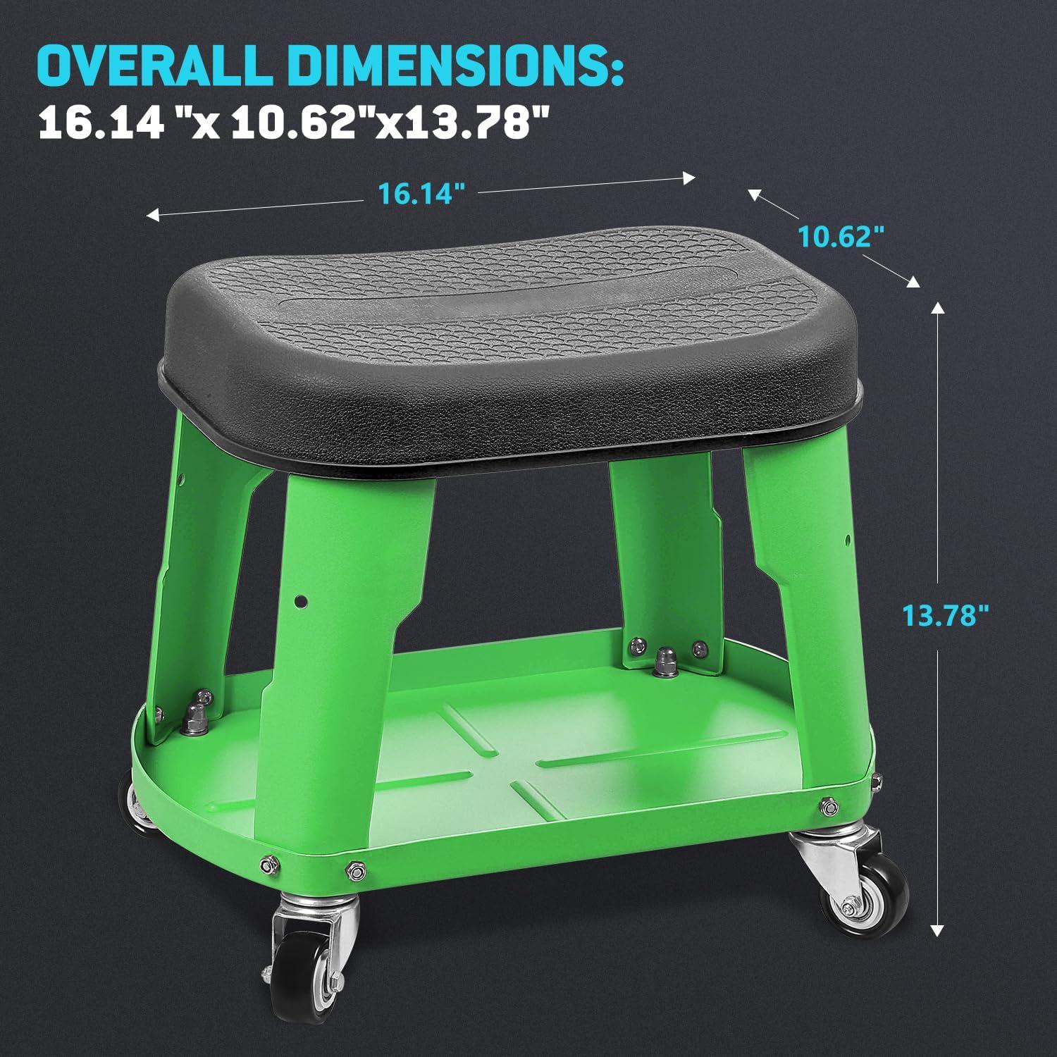 imageDNA MOTORING TOOLS00252 Removable Rolling Garage Stool with Seat Cushion ampamp Tool Tray Plate300lbs Max Weight CapacityGreen