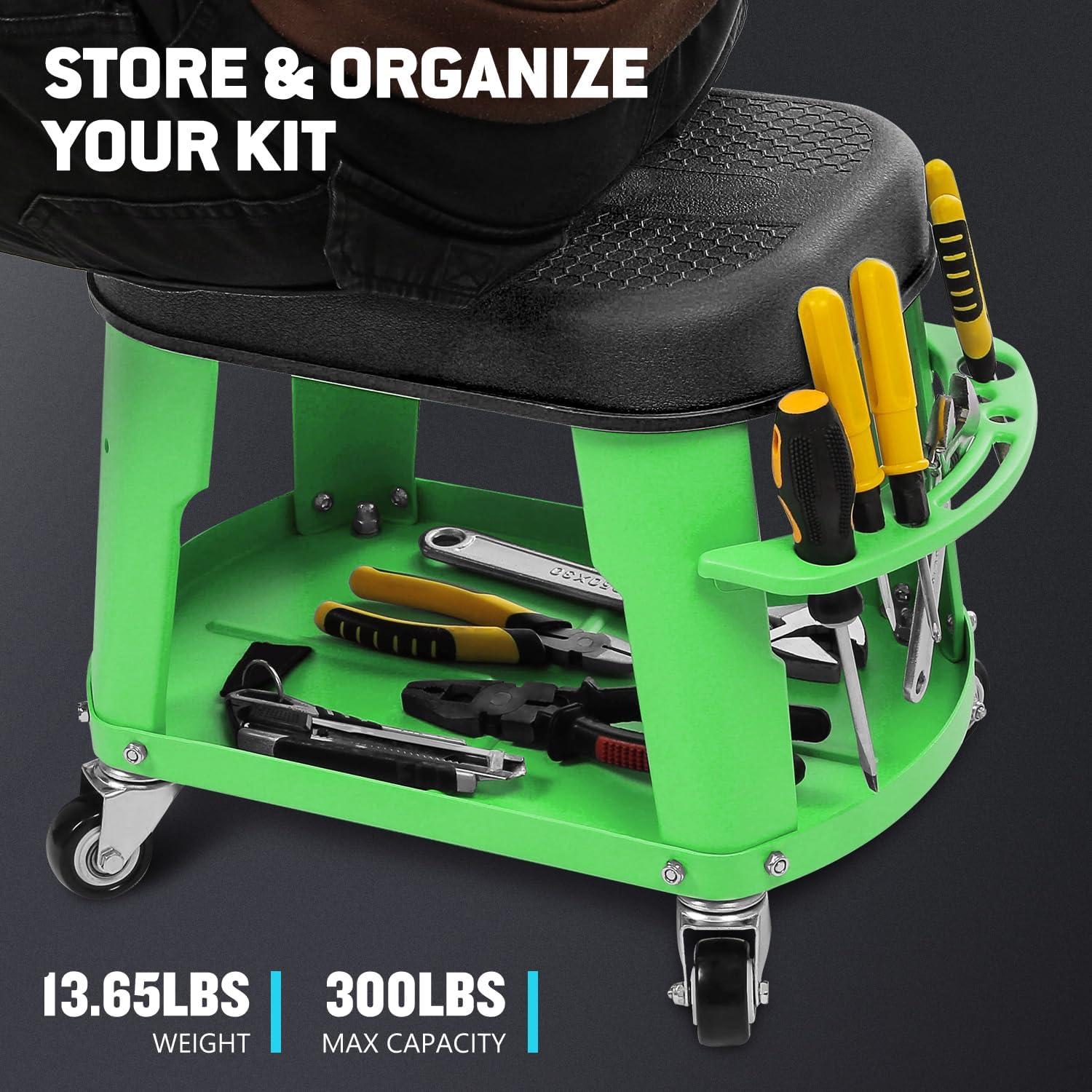 imageDNA MOTORING TOOLS00252 Removable Rolling Garage Stool with Seat Cushion ampamp Tool Tray Plate300lbs Max Weight CapacityGreen