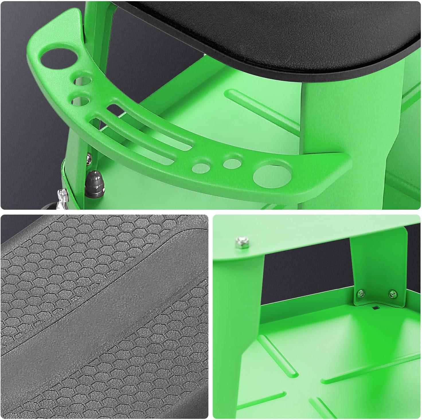 imageDNA MOTORING TOOLS00252 Removable Rolling Garage Stool with Seat Cushion ampamp Tool Tray Plate300lbs Max Weight CapacityGreen