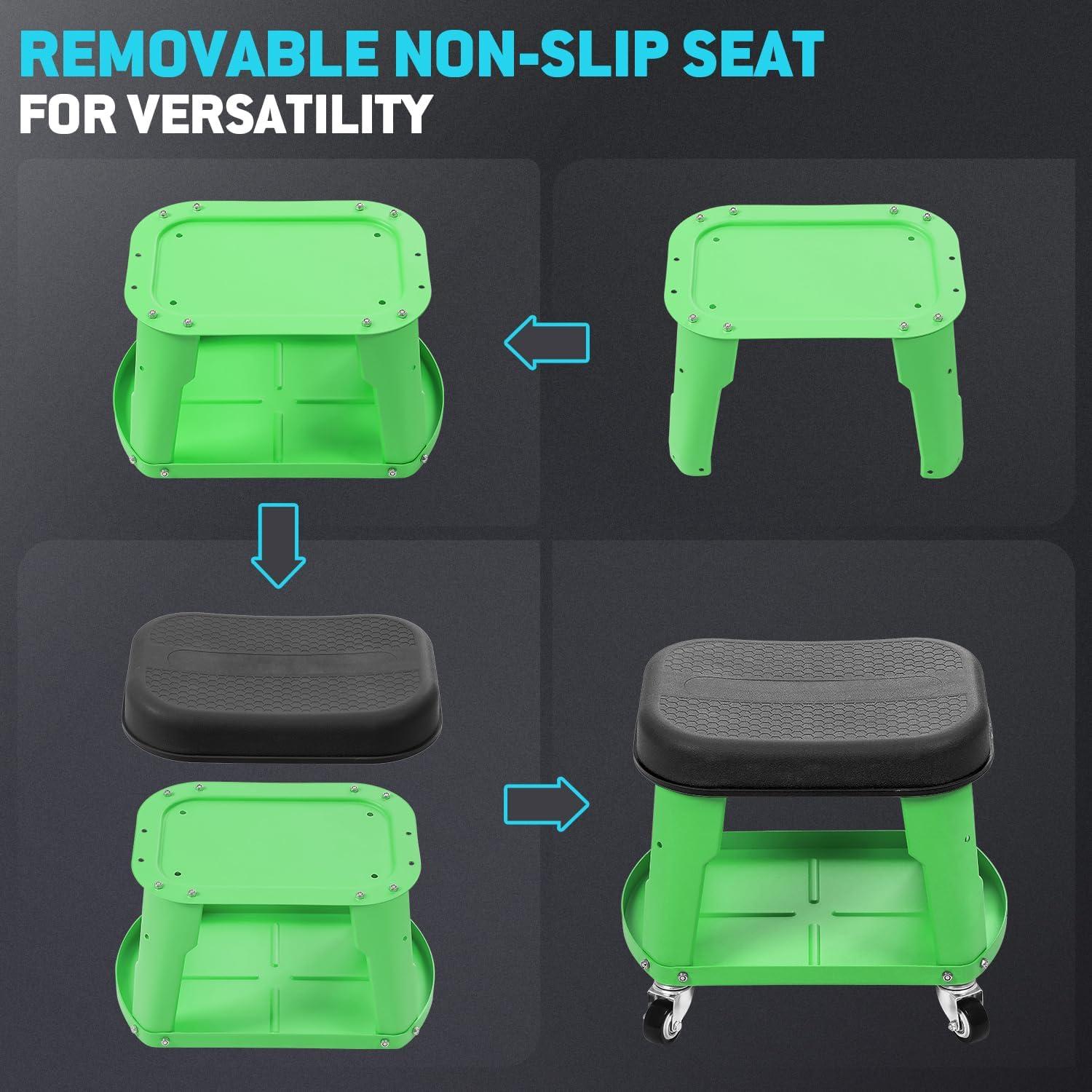 imageDNA MOTORING TOOLS00252 Removable Rolling Garage Stool with Seat Cushion ampamp Tool Tray Plate300lbs Max Weight CapacityGreen