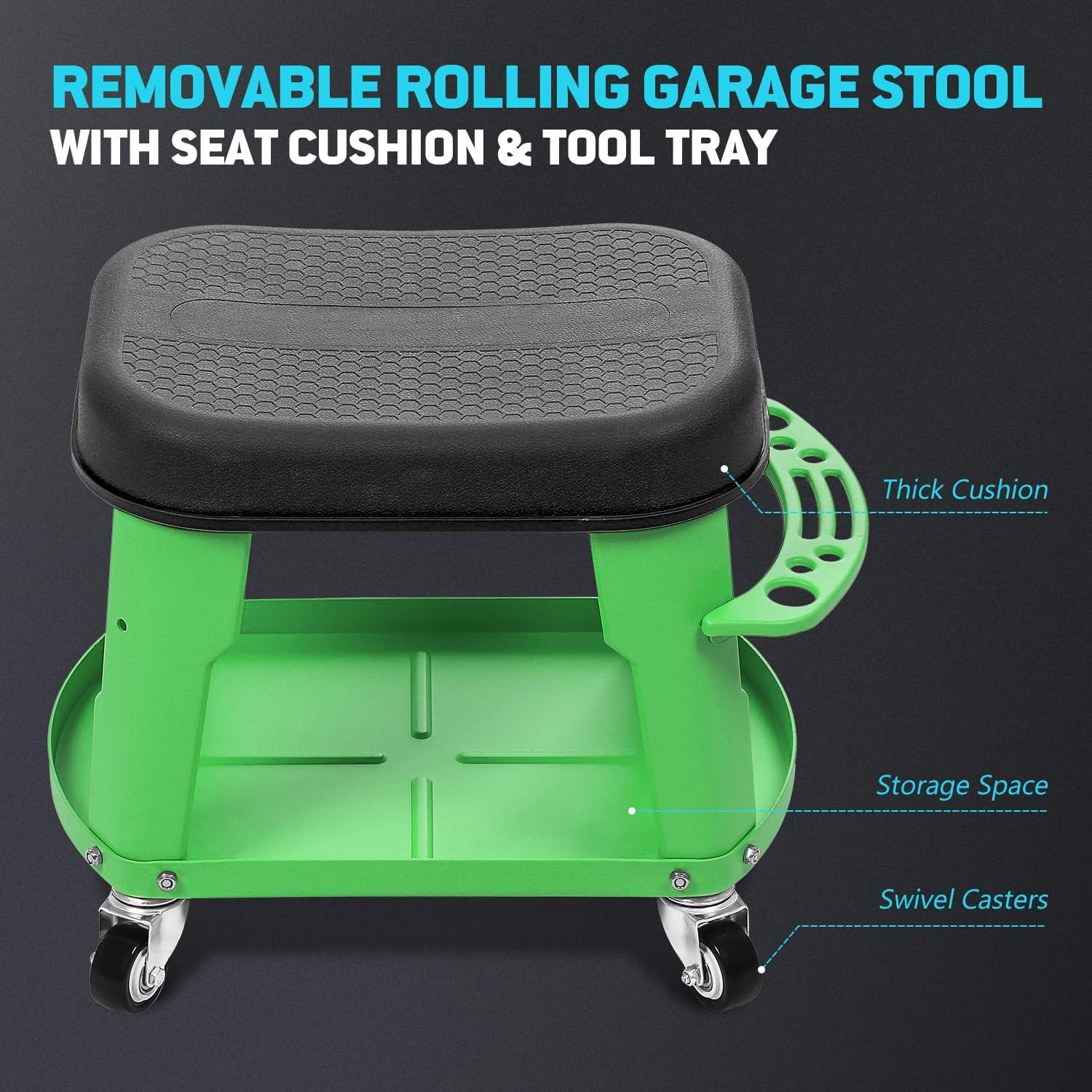 imageDNA MOTORING TOOLS00252 Removable Rolling Garage Stool with Seat Cushion ampamp Tool Tray Plate300lbs Max Weight CapacityGreen