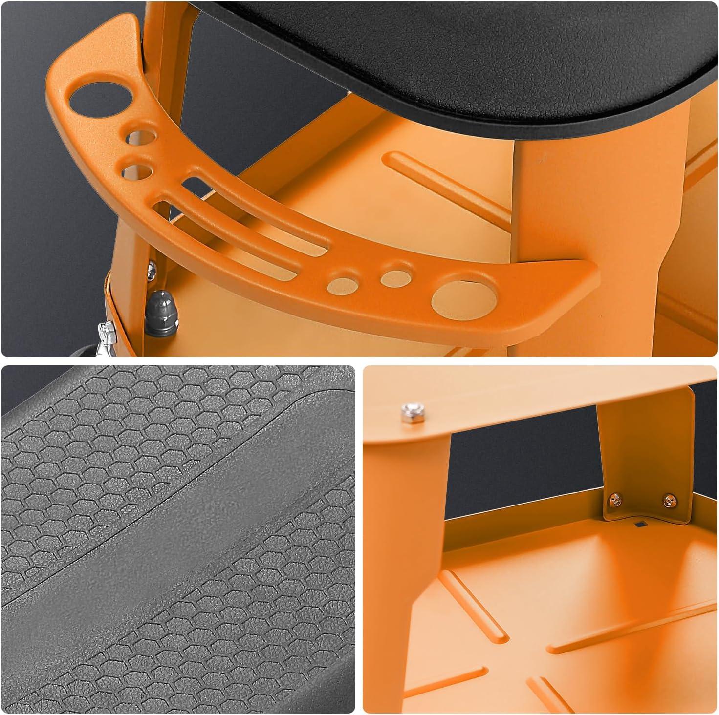 imageDNA MOTORING TOOLS00252 Removable Rolling Garage Stool with Seat Cushion ampamp Tool Tray Plate300lbs Max Weight CapacityOrange