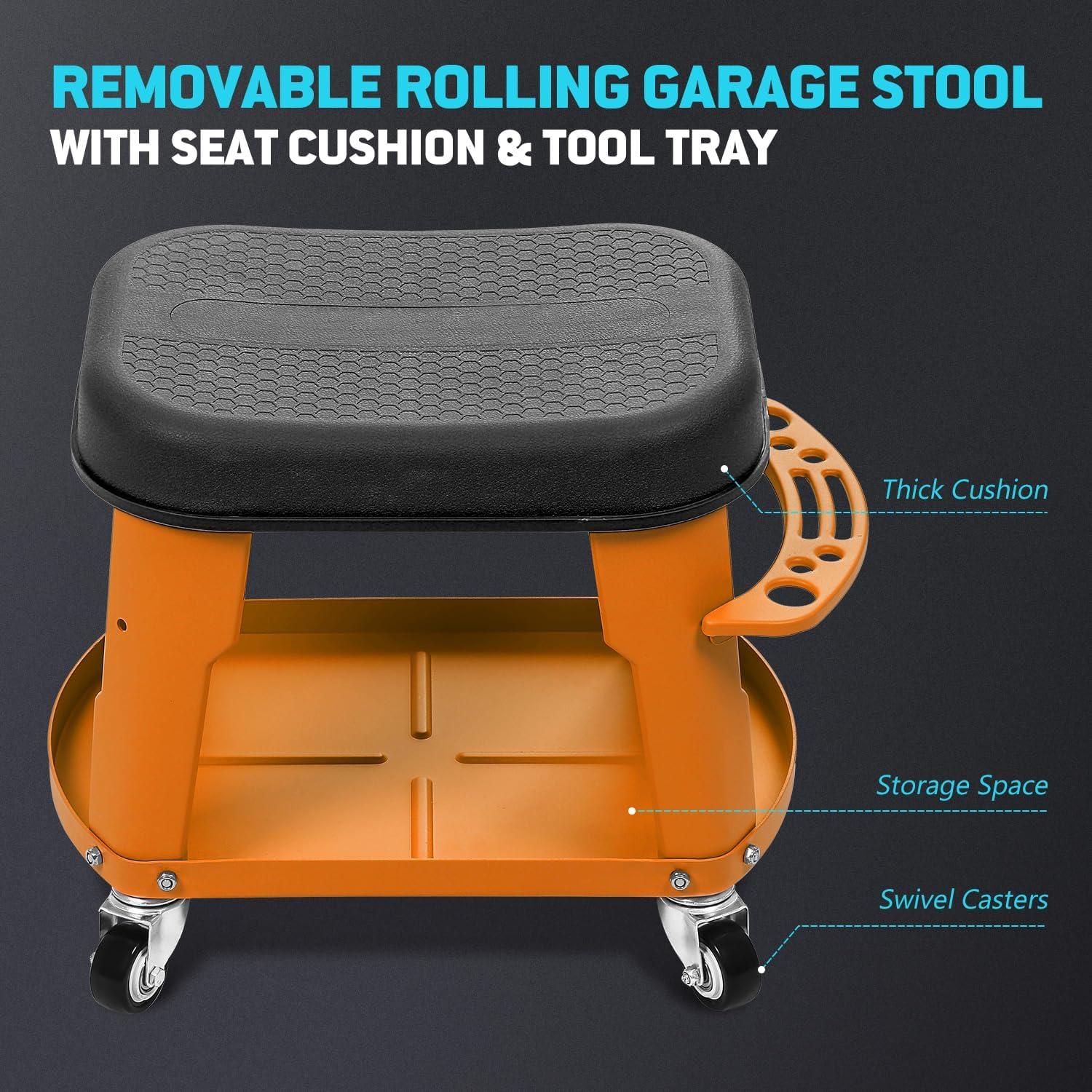 imageDNA MOTORING TOOLS00252 Removable Rolling Garage Stool with Seat Cushion ampamp Tool Tray Plate300lbs Max Weight CapacityOrange