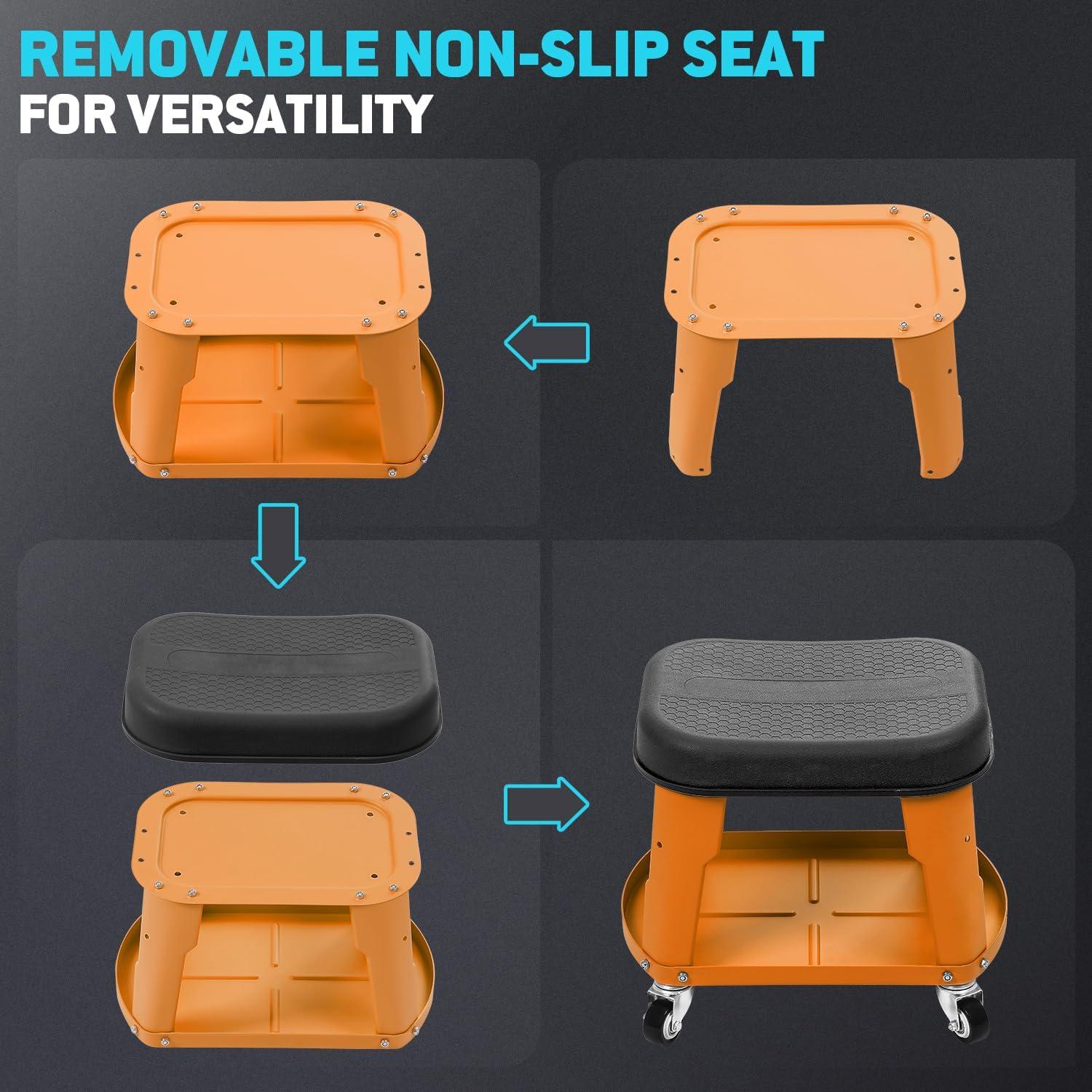 imageDNA MOTORING TOOLS00252 Removable Rolling Garage Stool with Seat Cushion ampamp Tool Tray Plate300lbs Max Weight CapacityOrange