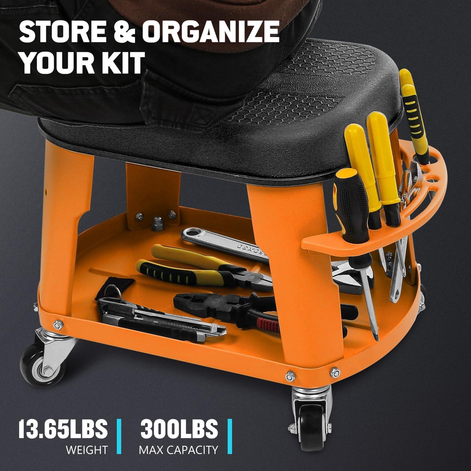 imageDNA MOTORING TOOLS00252 Removable Rolling Garage Stool with Seat Cushion ampamp Tool Tray Plate300lbs Max Weight CapacityOrange
