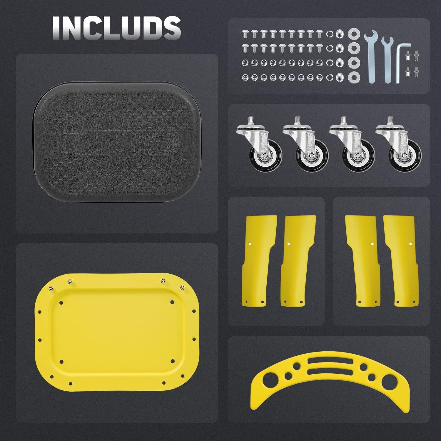 imageDNA MOTORING TOOLS00252 Removable Rolling Garage Stool with Seat Cushion ampamp Tool Tray Plate300lbs Max Weight CapacityYellow