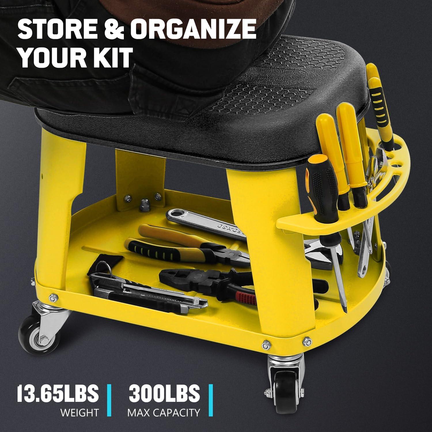 imageDNA MOTORING TOOLS00252 Removable Rolling Garage Stool with Seat Cushion ampamp Tool Tray Plate300lbs Max Weight CapacityYellow