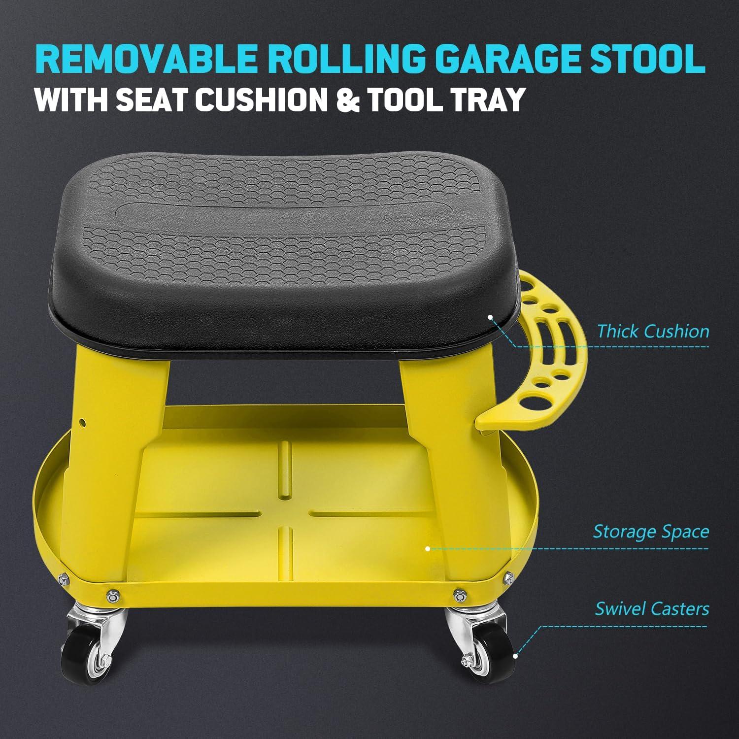 imageDNA MOTORING TOOLS00252 Removable Rolling Garage Stool with Seat Cushion ampamp Tool Tray Plate300lbs Max Weight CapacityYellow