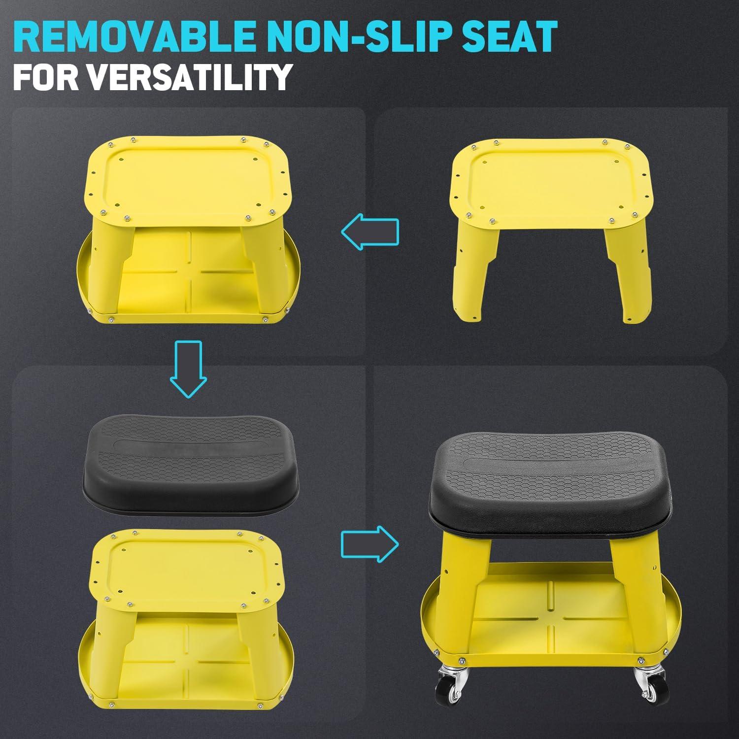 imageDNA MOTORING TOOLS00252 Removable Rolling Garage Stool with Seat Cushion ampamp Tool Tray Plate300lbs Max Weight CapacityYellow
