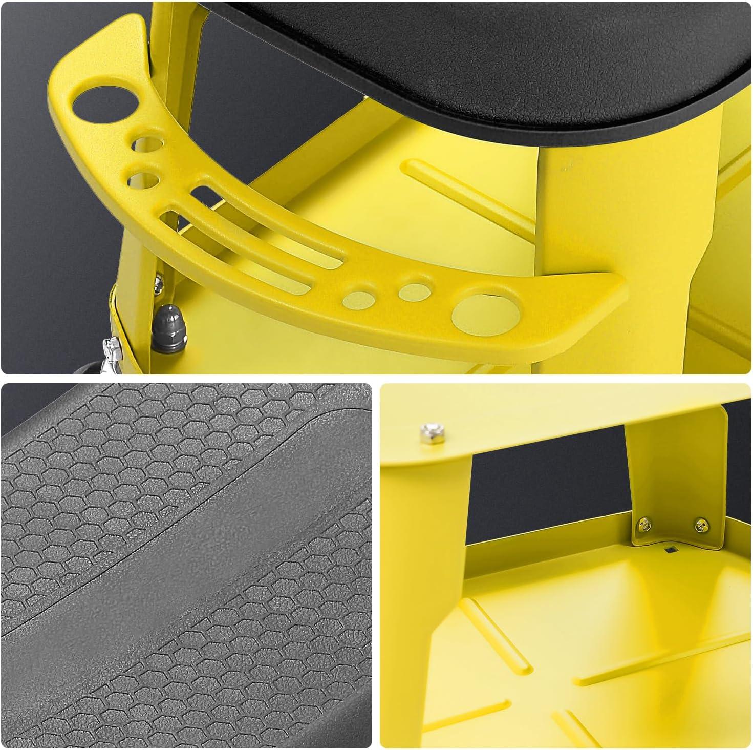 imageDNA MOTORING TOOLS00252 Removable Rolling Garage Stool with Seat Cushion ampamp Tool Tray Plate300lbs Max Weight CapacityYellow