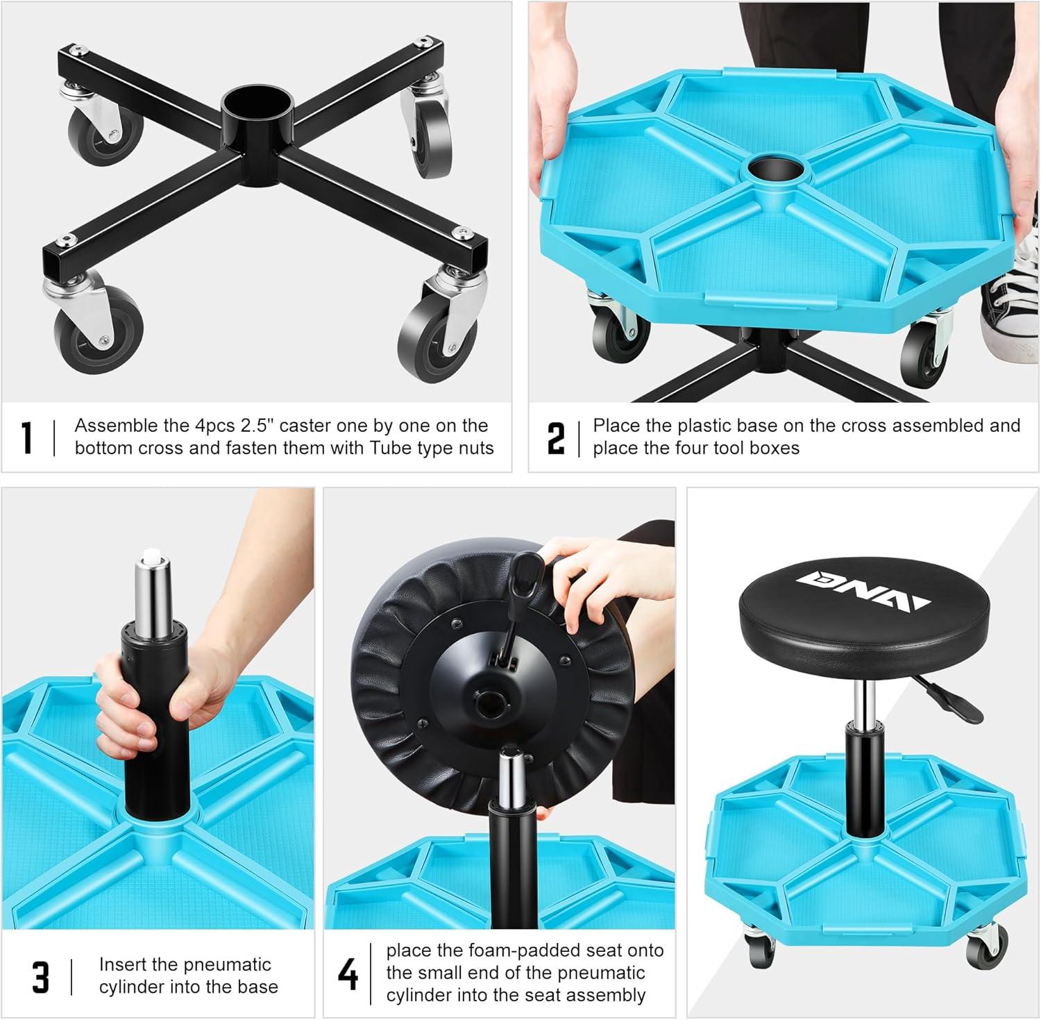 imageDNA MOTORING TOOLS00253 Adjustable Height Pneumatic Garage Seat Rolling Mechanic Stool with Tool Tray Storage300lbs Max Weight CapacityBlue