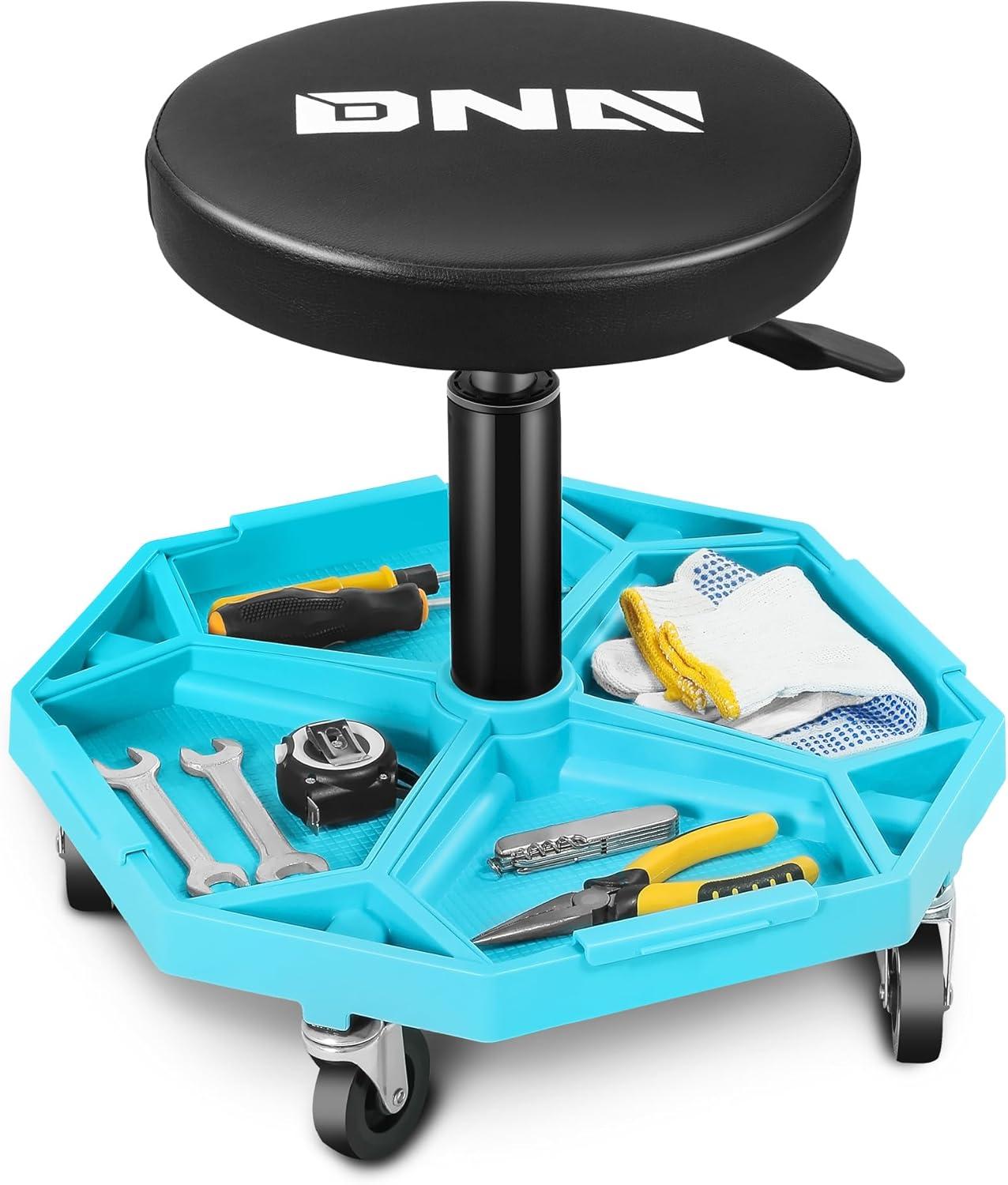 imageDNA MOTORING TOOLS00253 Adjustable Height Pneumatic Garage Seat Rolling Mechanic Stool with Tool Tray Storage300lbs Max Weight CapacityBlue