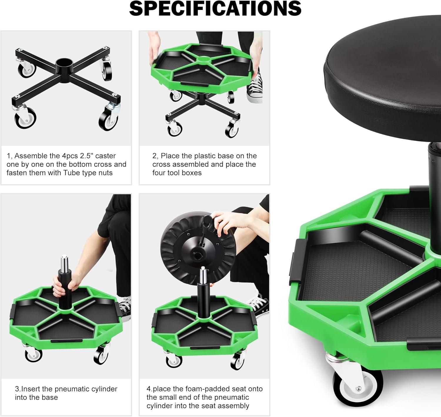 imageDNA MOTORING TOOLS00253 Adjustable Height Pneumatic Garage Seat Rolling Mechanic Stool with Tool Tray Storage300lbs Max Weight CapacityGreen