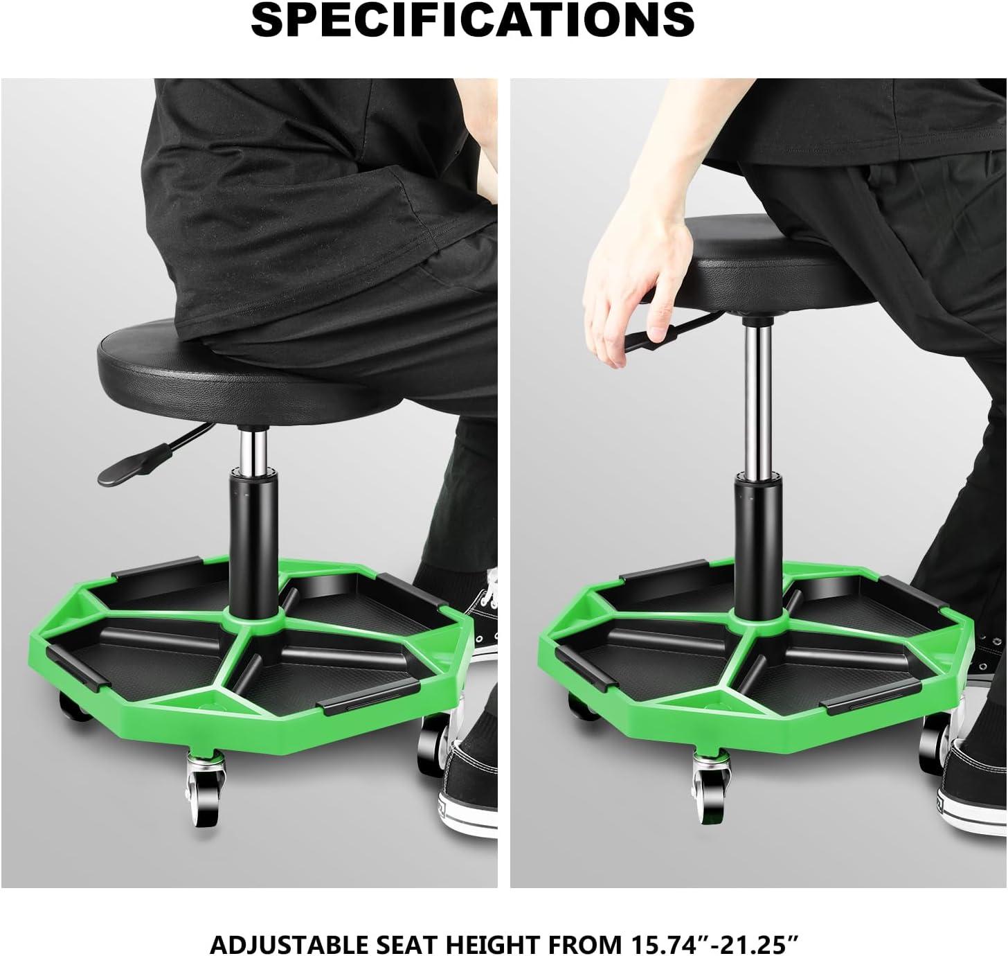 imageDNA MOTORING TOOLS00253 Adjustable Height Pneumatic Garage Seat Rolling Mechanic Stool with Tool Tray Storage300lbs Max Weight CapacityGreen