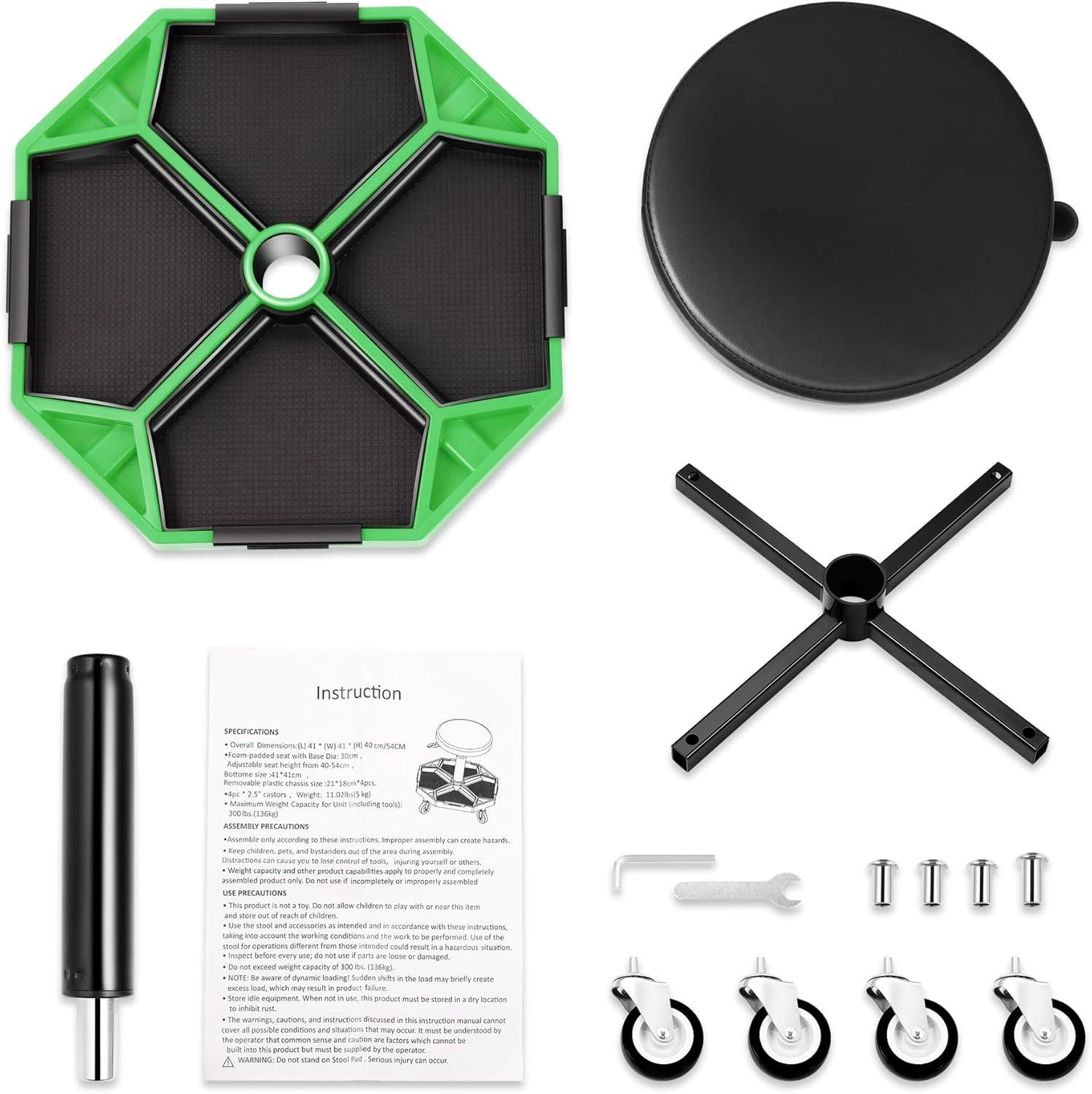 imageDNA MOTORING TOOLS00253 Adjustable Height Pneumatic Garage Seat Rolling Mechanic Stool with Tool Tray Storage300lbs Max Weight CapacityGreen