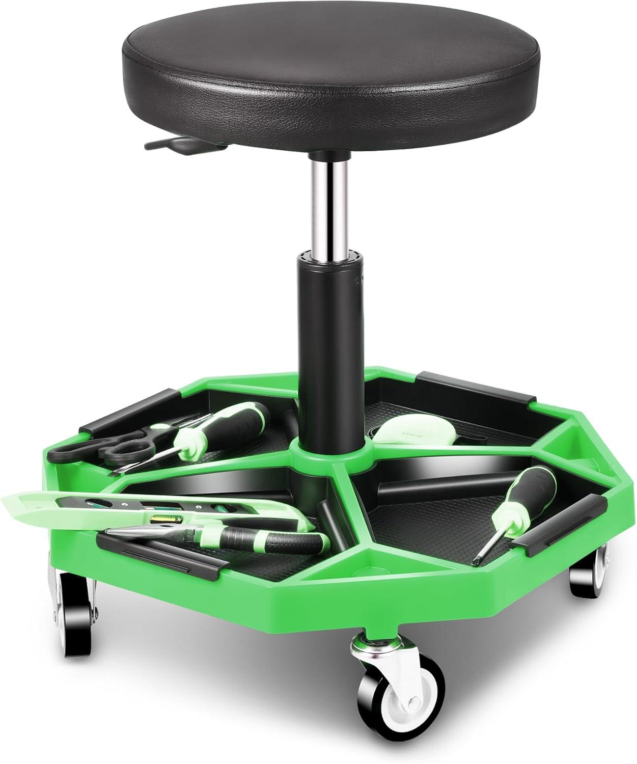 imageDNA MOTORING TOOLS00253 Adjustable Height Pneumatic Garage Seat Rolling Mechanic Stool with Tool Tray Storage300lbs Max Weight CapacityGreen