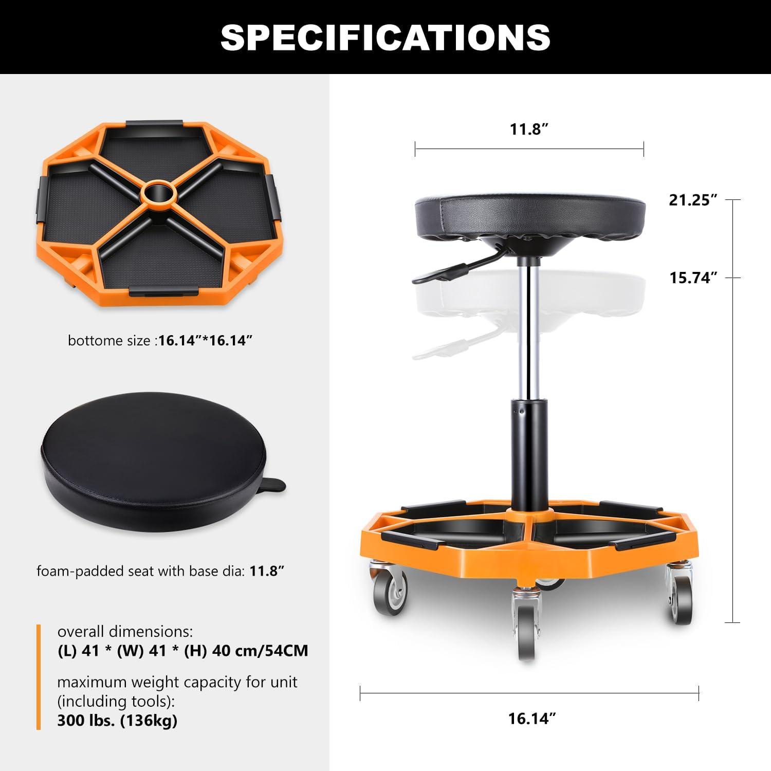 imageDNA MOTORING TOOLS00253 Adjustable Height Pneumatic Garage Seat Rolling Mechanic Stool with Tool Tray Storage300lbs Max Weight CapacityOrange