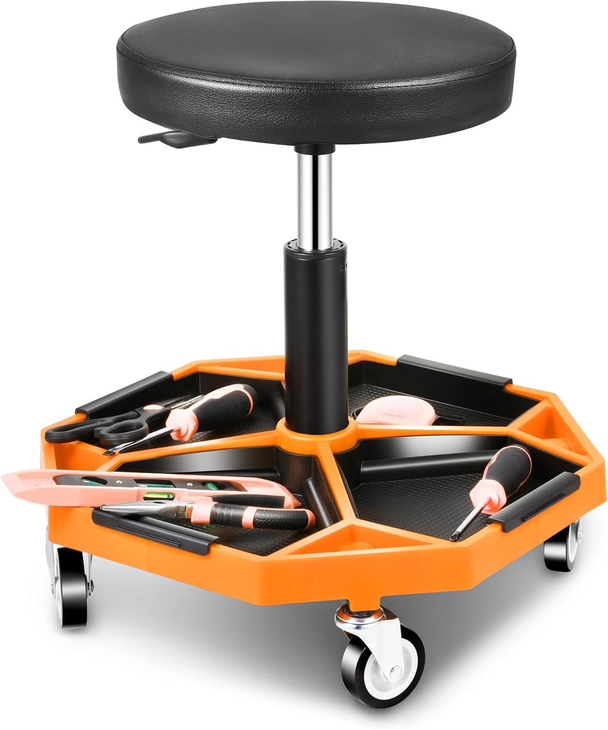 imageDNA MOTORING TOOLS00253 Adjustable Height Pneumatic Garage Seat Rolling Mechanic Stool with Tool Tray Storage300lbs Max Weight CapacityOrange
