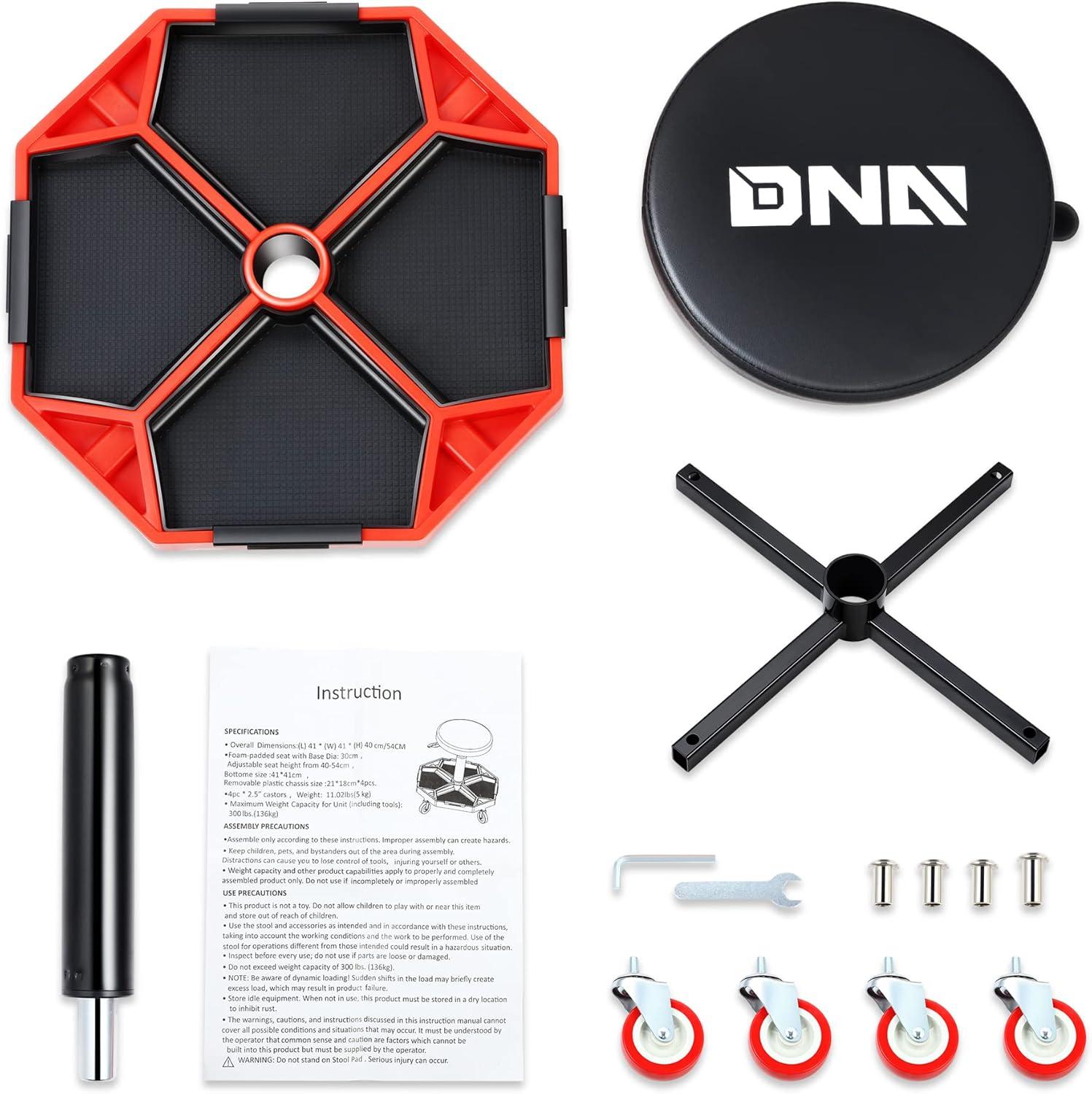 imageDNA MOTORING TOOLS00253 Adjustable Height Pneumatic Garage Seat Rolling Mechanic Stool with Tool Tray Storage300lbs Max Weight CapacityRed