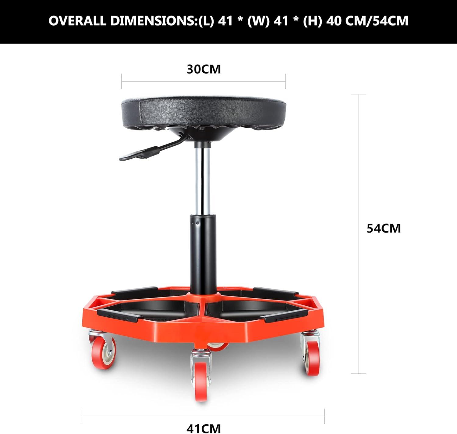 imageDNA MOTORING TOOLS00253 Adjustable Height Pneumatic Garage Seat Rolling Mechanic Stool with Tool Tray Storage300lbs Max Weight CapacityRed