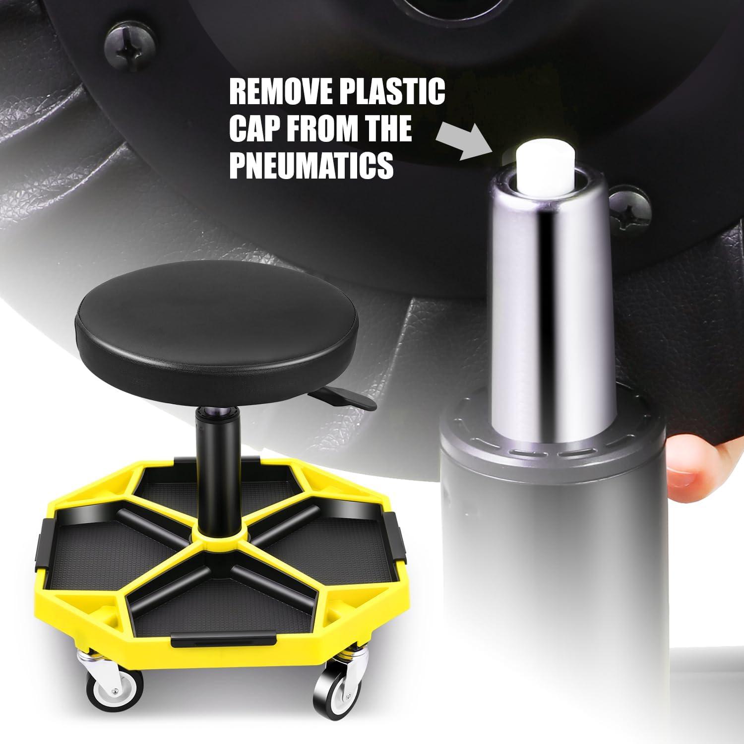 imageDNA MOTORING TOOLS00253 Adjustable Height Pneumatic Garage Seat Rolling Mechanic Stool with Tool Tray Storage300lbs Max Weight CapacityYellow