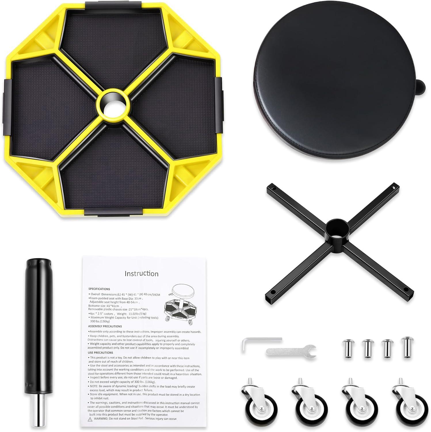 imageDNA MOTORING TOOLS00253 Adjustable Height Pneumatic Garage Seat Rolling Mechanic Stool with Tool Tray Storage300lbs Max Weight CapacityYellow