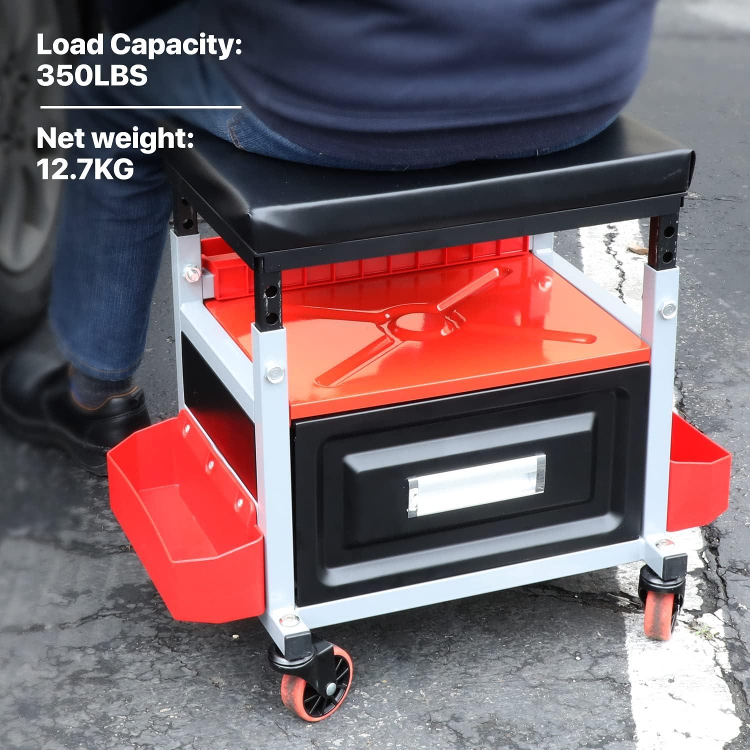 imageDNA Motoring TOOLS00189 Mechanic Stool  2512quot x 13quot x 12quot L x H x W Rolling Work Seat wLockable Swivel Wheels and Storage Tool TrayBLACKRED