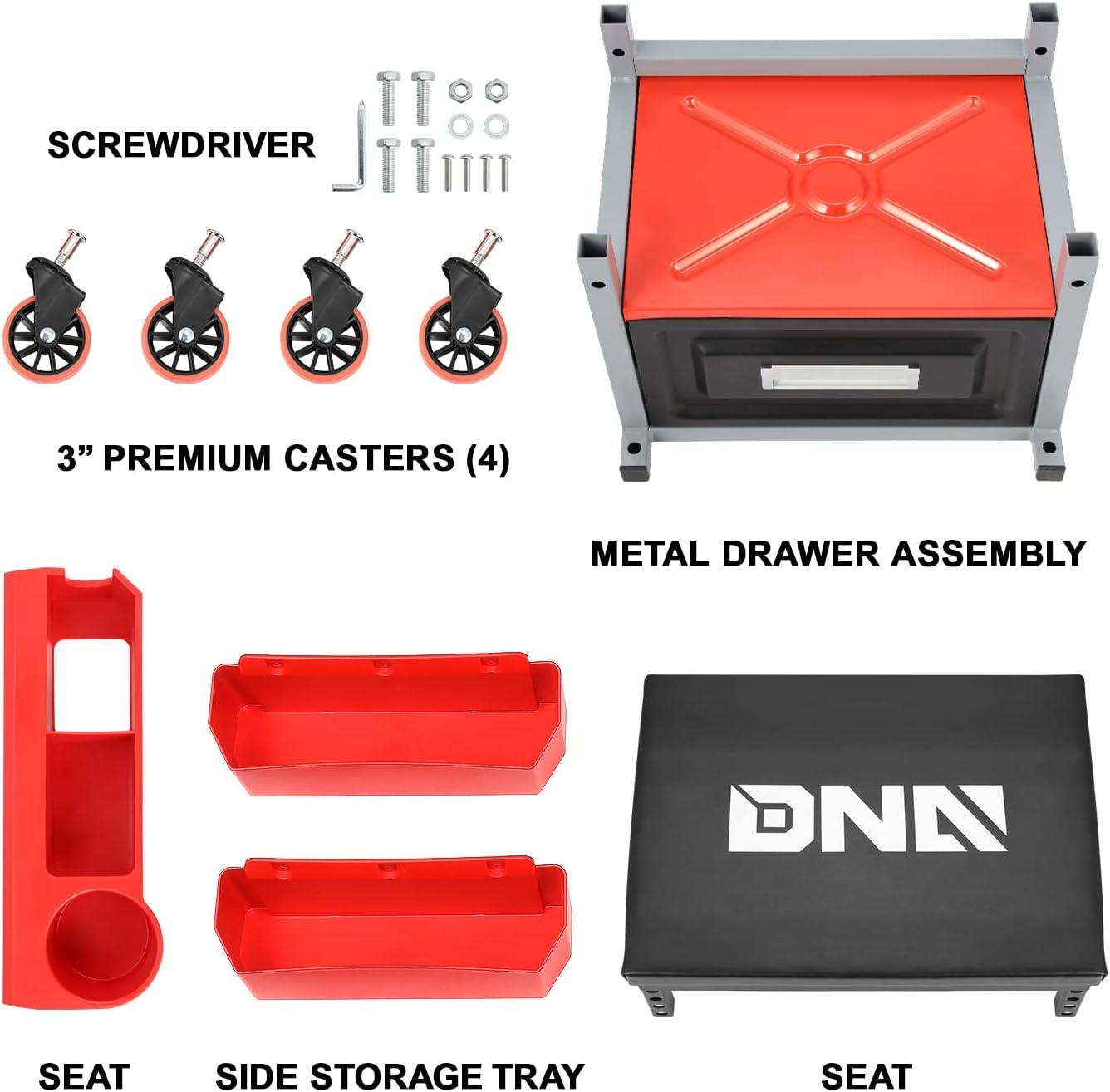 imageDNA Motoring TOOLS00189 Mechanic Stool  2512quot x 13quot x 12quot L x H x W Rolling Work Seat wLockable Swivel Wheels and Storage Tool TrayBLACKRED