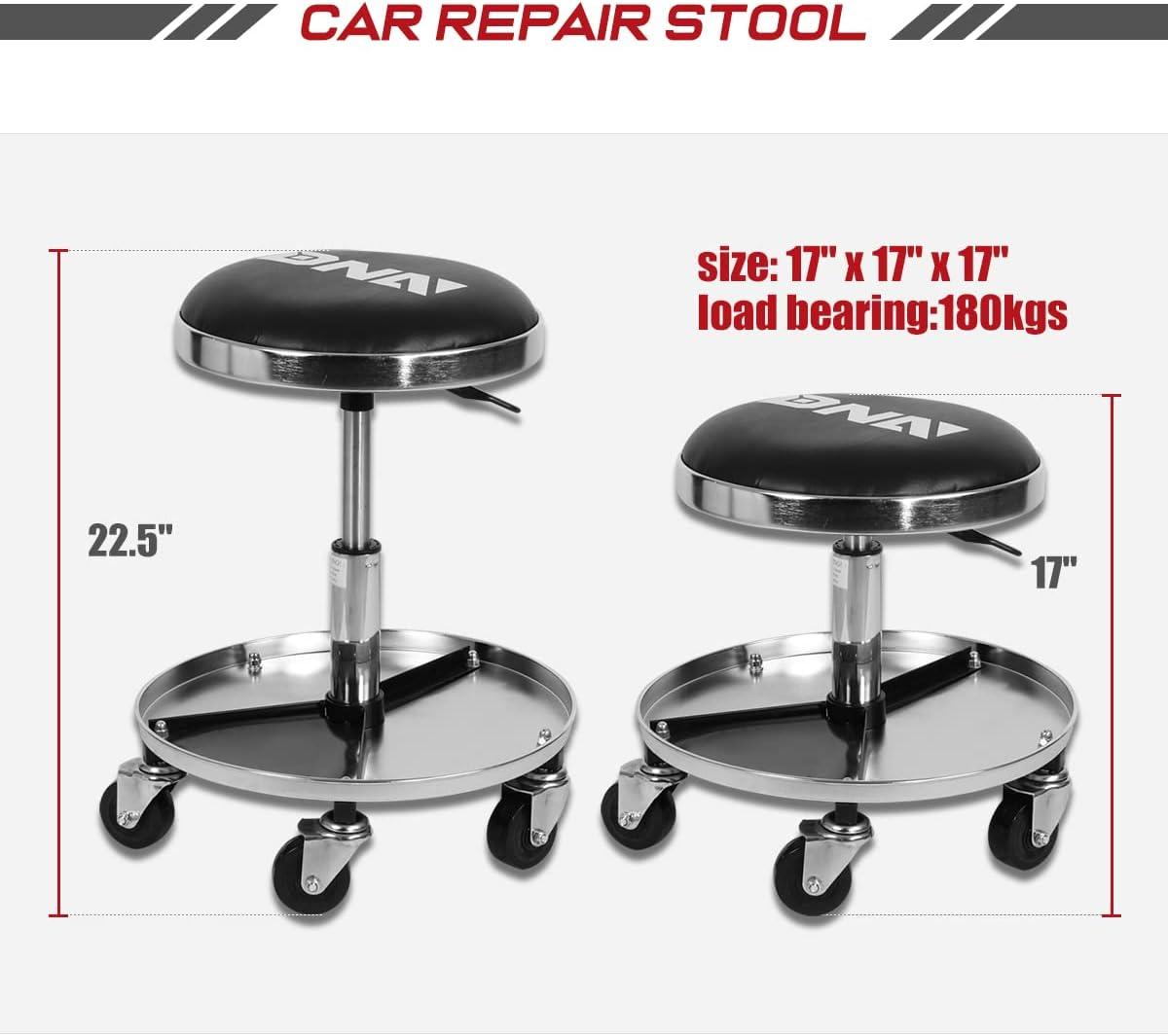 imageDNA Motoring TOOLS00189 Mechanic Stool  2512quot x 13quot x 12quot L x H x W Rolling Work Seat wLockable Swivel Wheels and Storage Tool TrayBlack Chrome