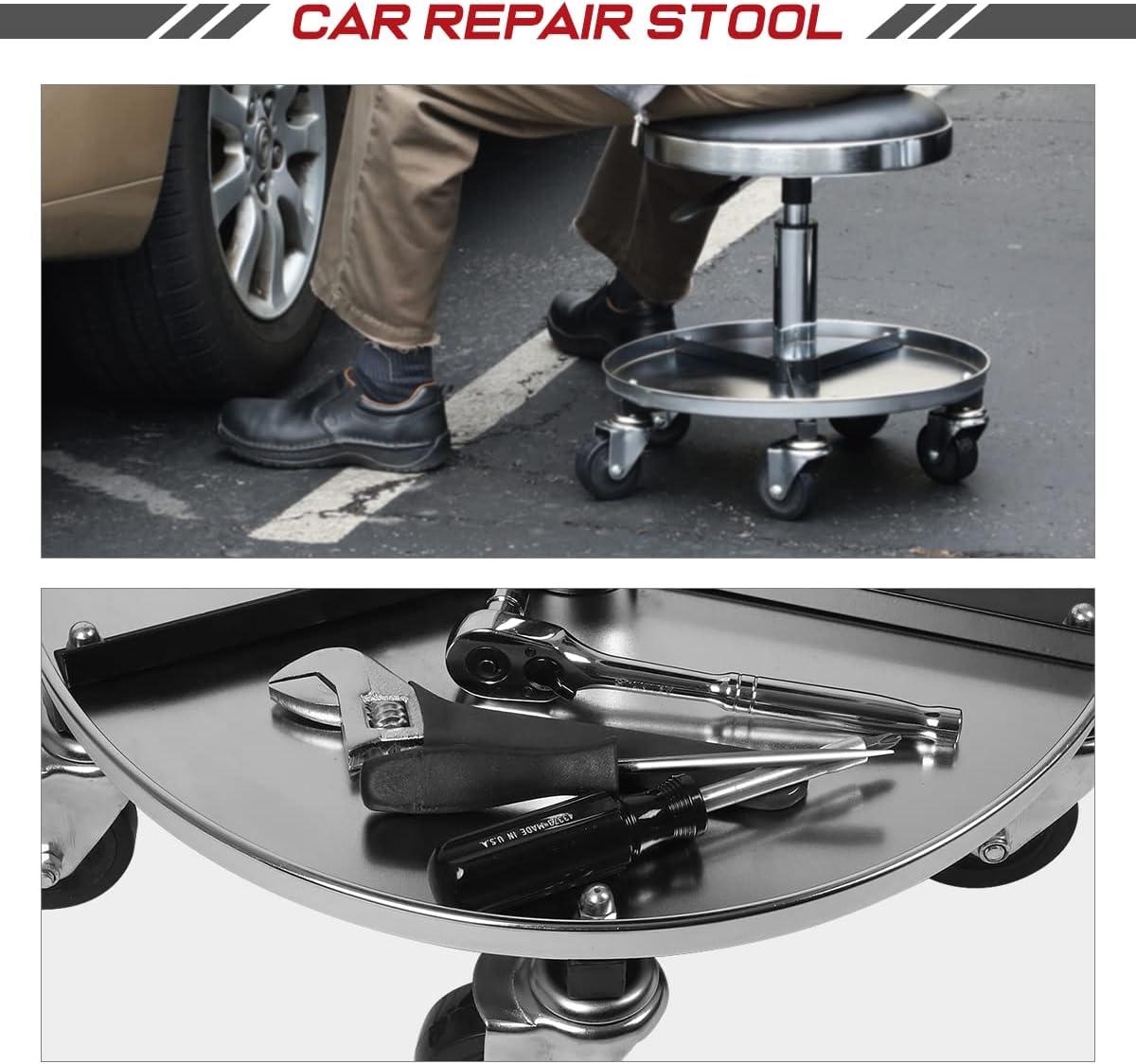 imageDNA Motoring TOOLS00189 Mechanic Stool  2512quot x 13quot x 12quot L x H x W Rolling Work Seat wLockable Swivel Wheels and Storage Tool TrayBlack Chrome