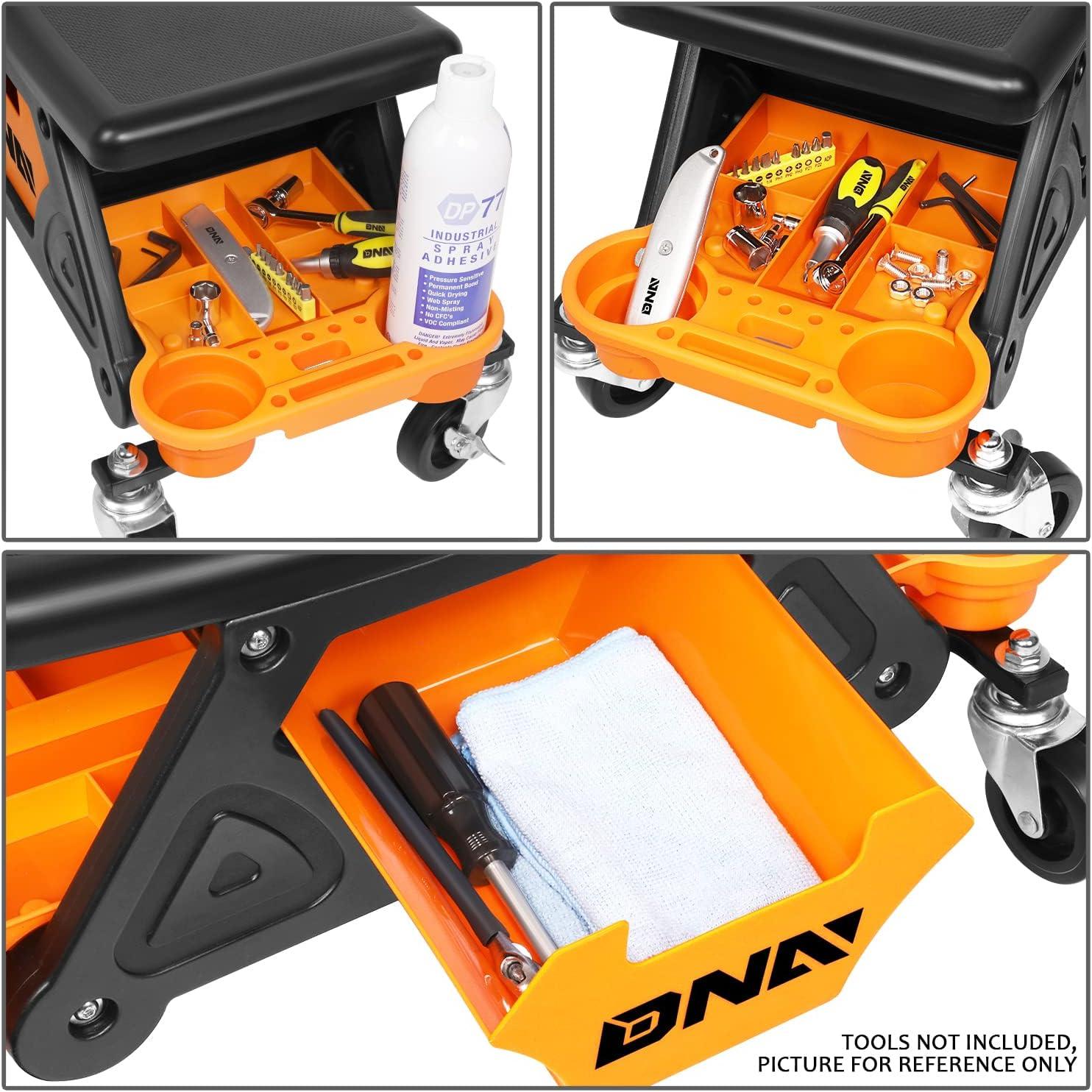 imageDNA Motoring TOOLS00189 Mechanic Stool  2512quot x 13quot x 12quot L x H x W Rolling Work Seat wLockable Swivel Wheels and Storage Tool TrayORANGE