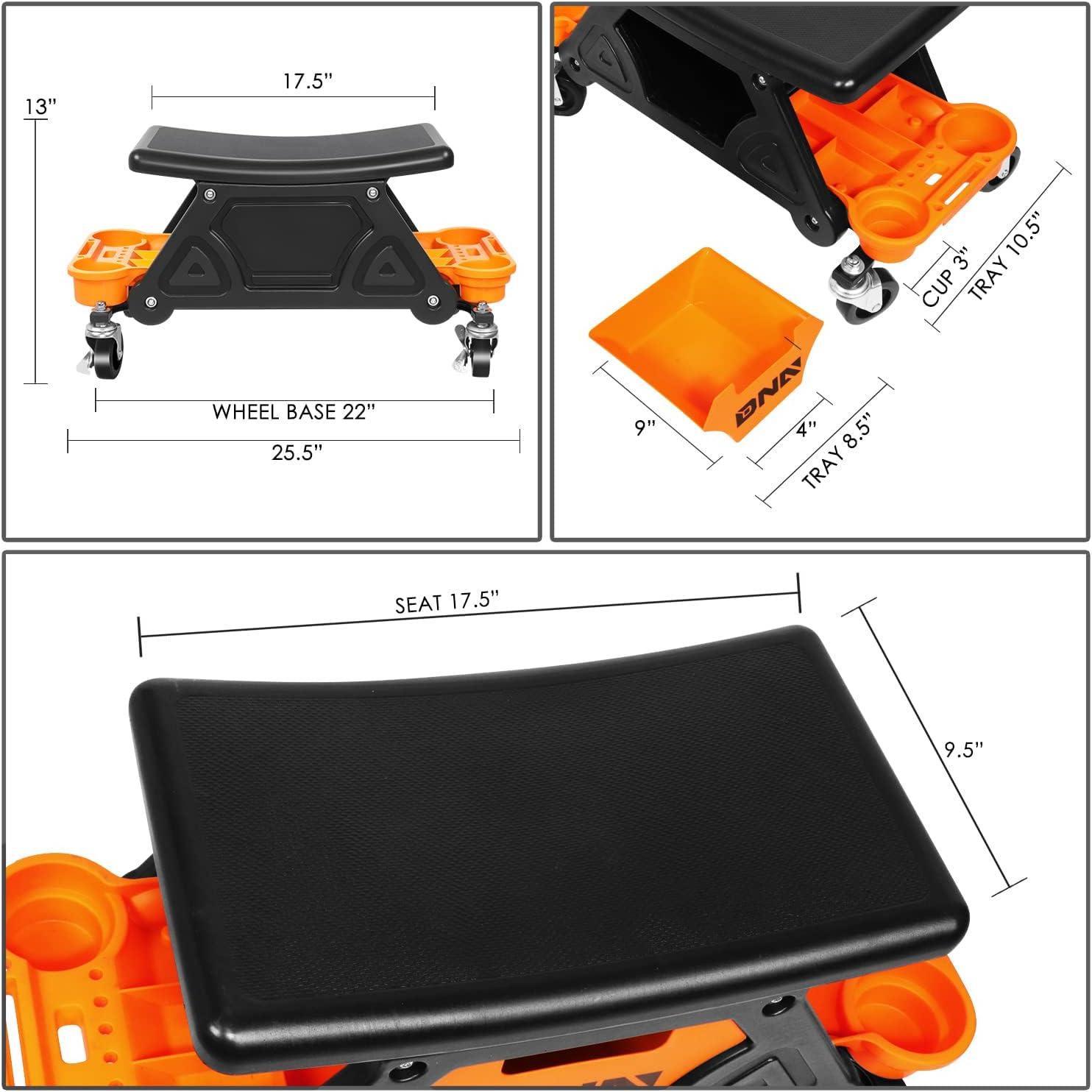 imageDNA Motoring TOOLS00189 Mechanic Stool  2512quot x 13quot x 12quot L x H x W Rolling Work Seat wLockable Swivel Wheels and Storage Tool TrayORANGE